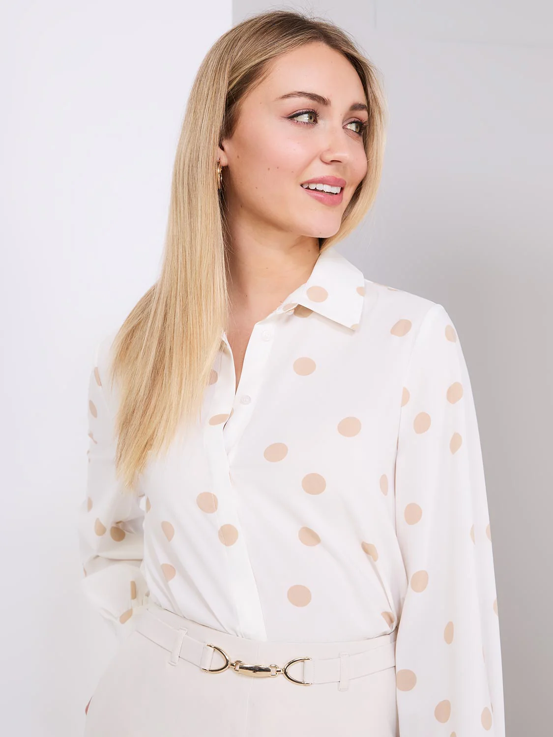Silky Polka Dot Button-Front Blouse