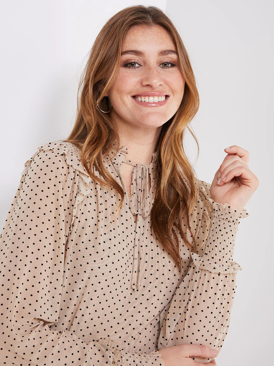 Velvet Dot Mesh Top With Ruffle Details