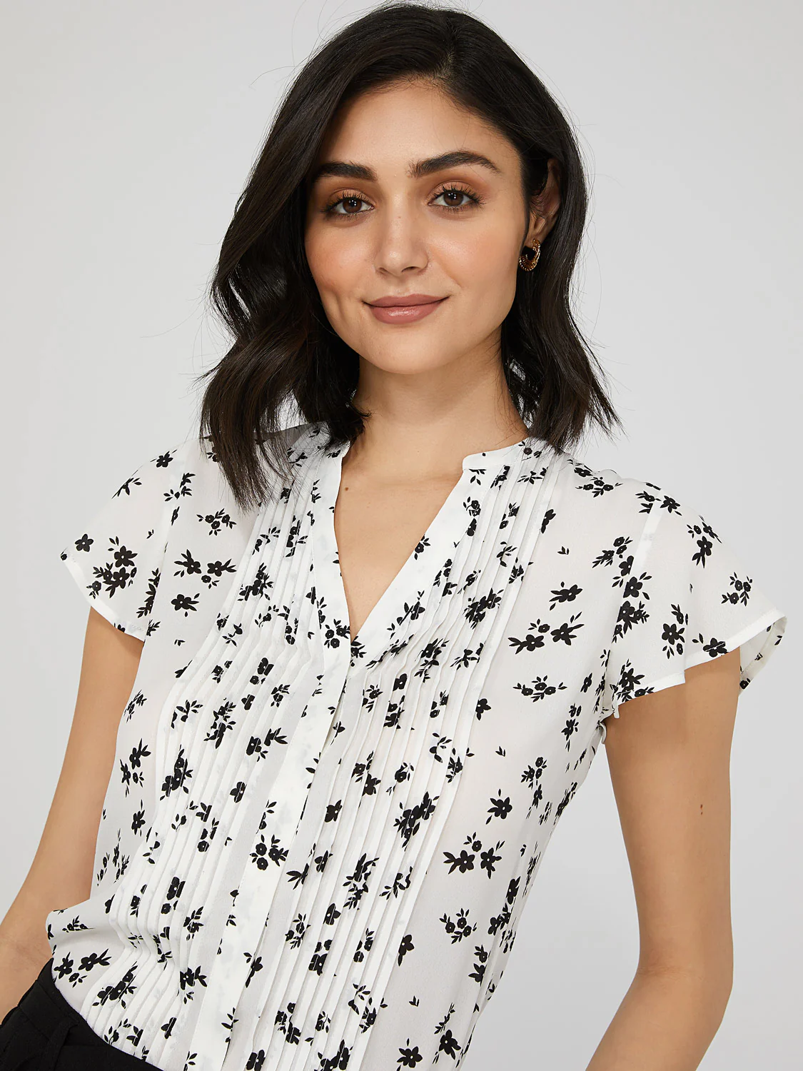 Printed Crepe Chiffon Blouse WIth Pintuck Detail