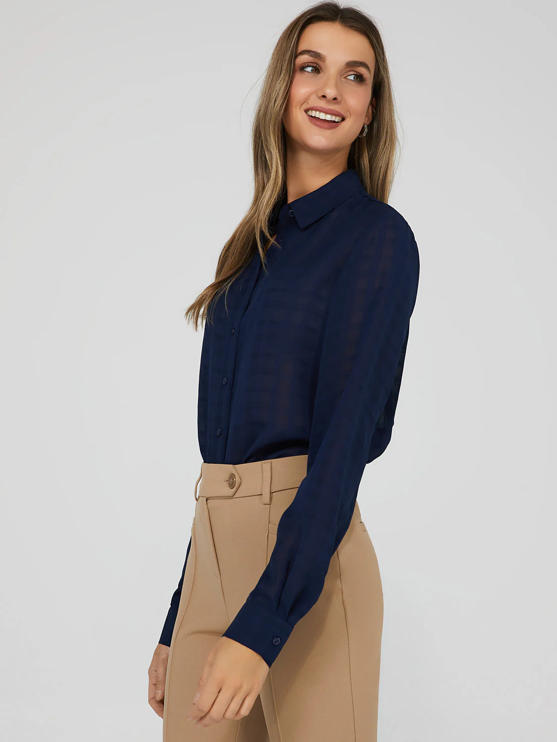 Tonal Check Sheer Button Down Blouse