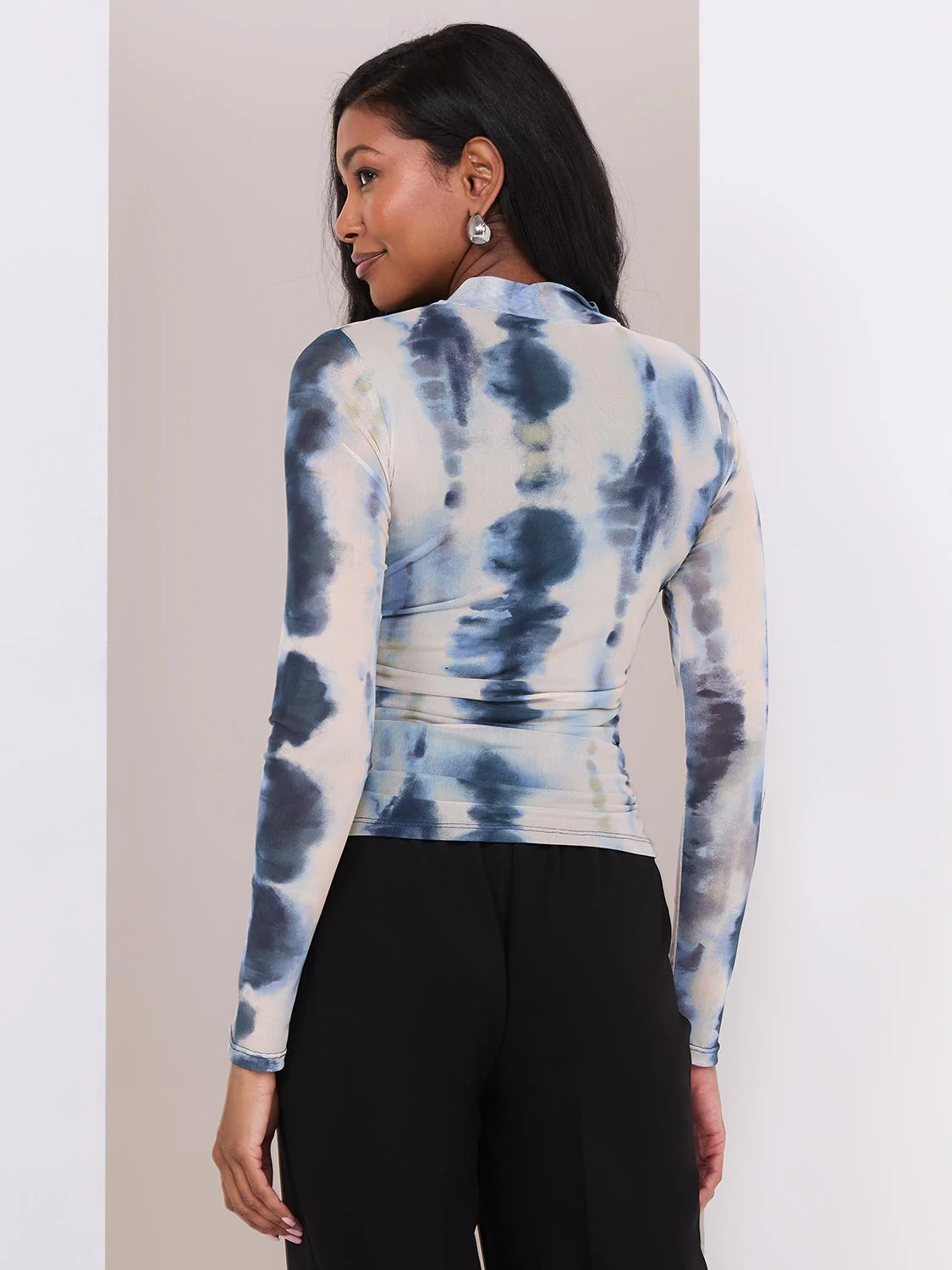 Printed Mesh Mock Neck Top