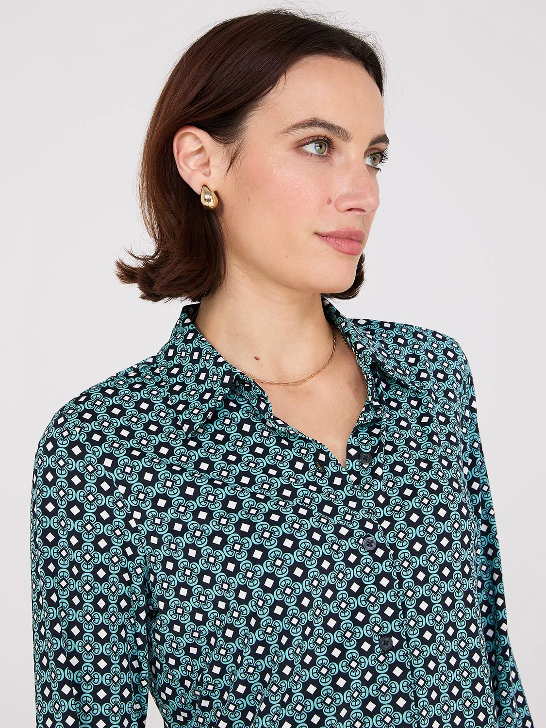 Printed Button-Front Classic Blouse