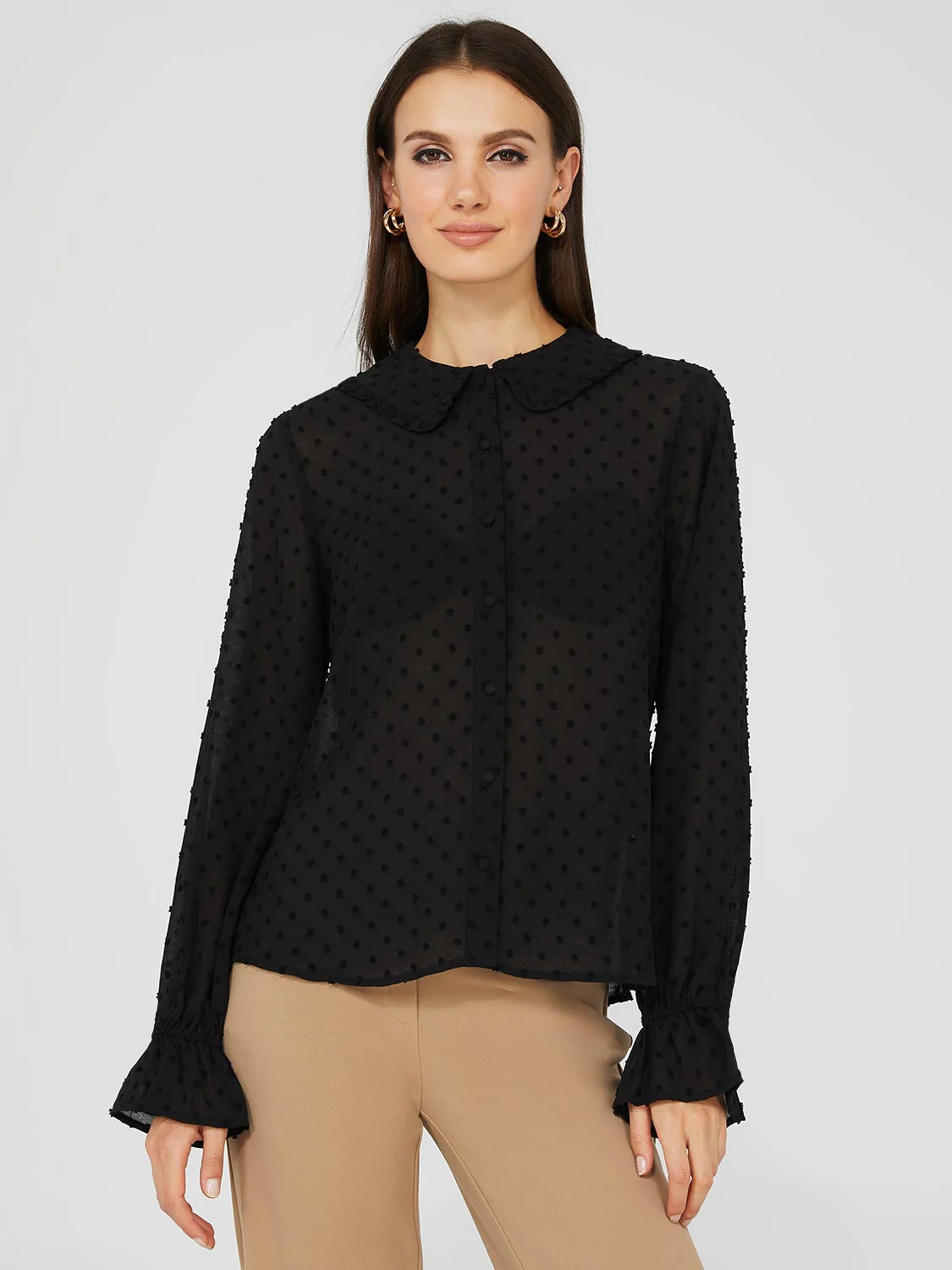 Textured Button-Front Ruffle Collar Blouse