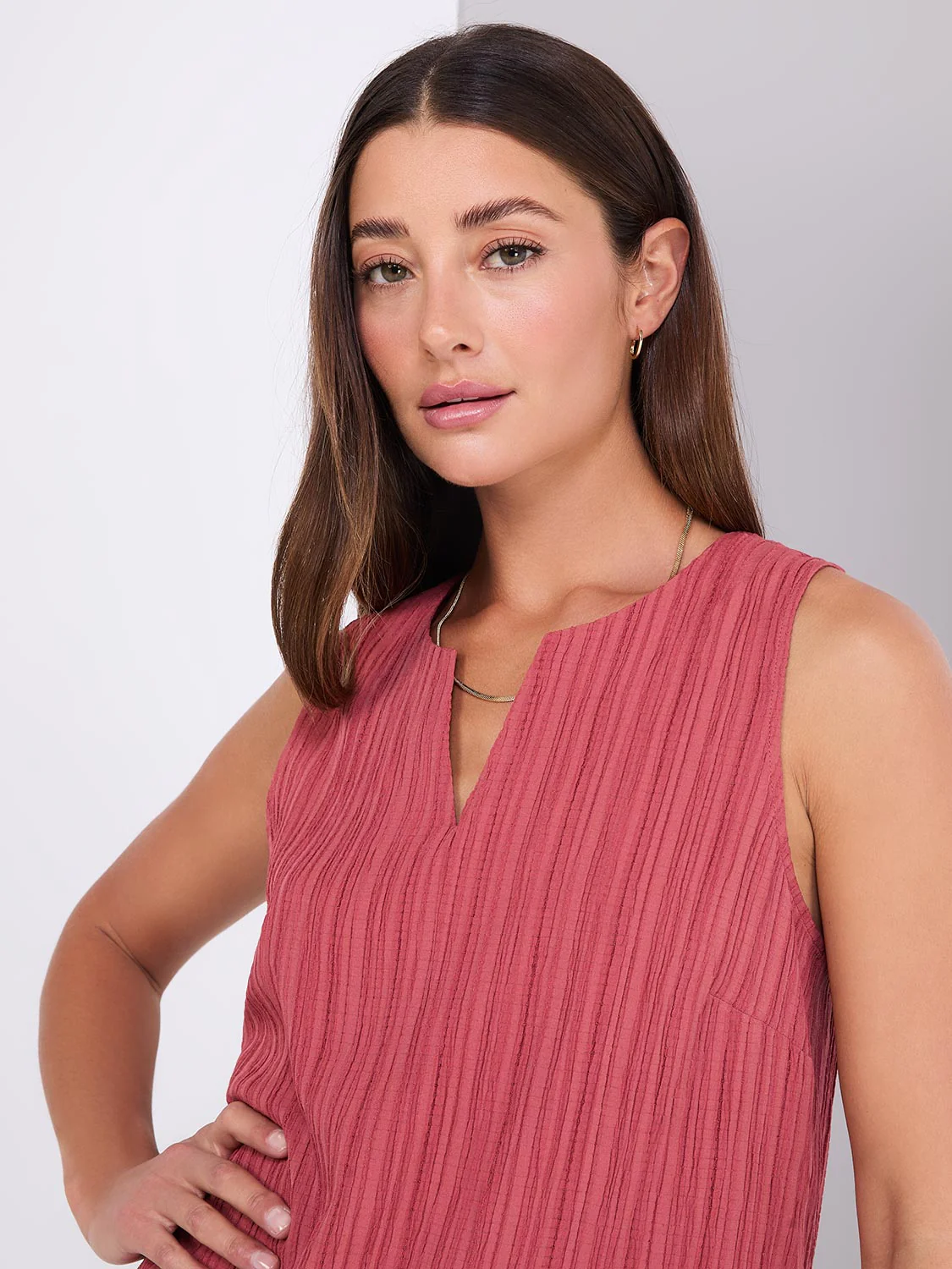 Sleeveless Textured Split Neck Top