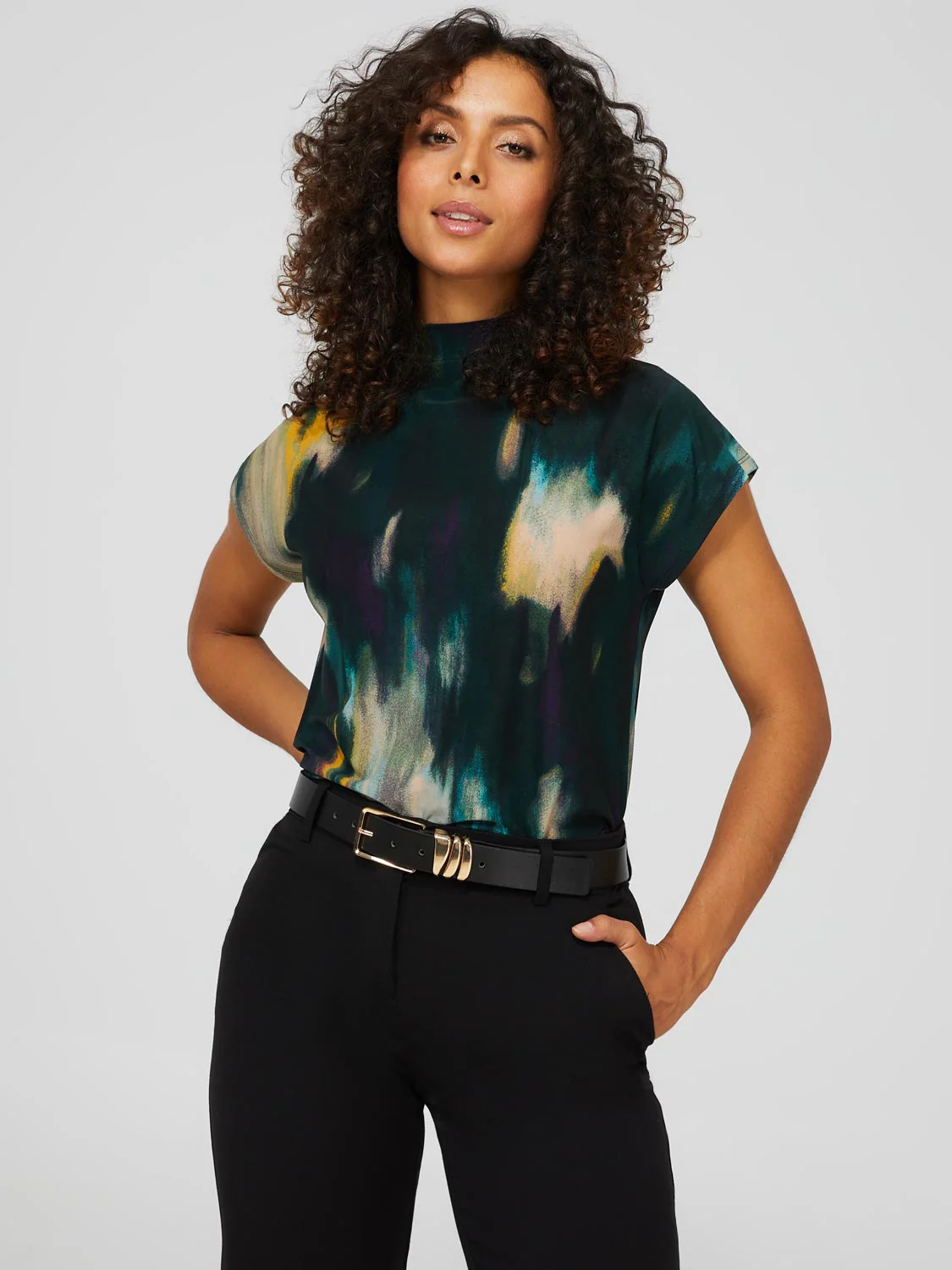 Short Dolman Sleeve Printed Funnel Neck Top