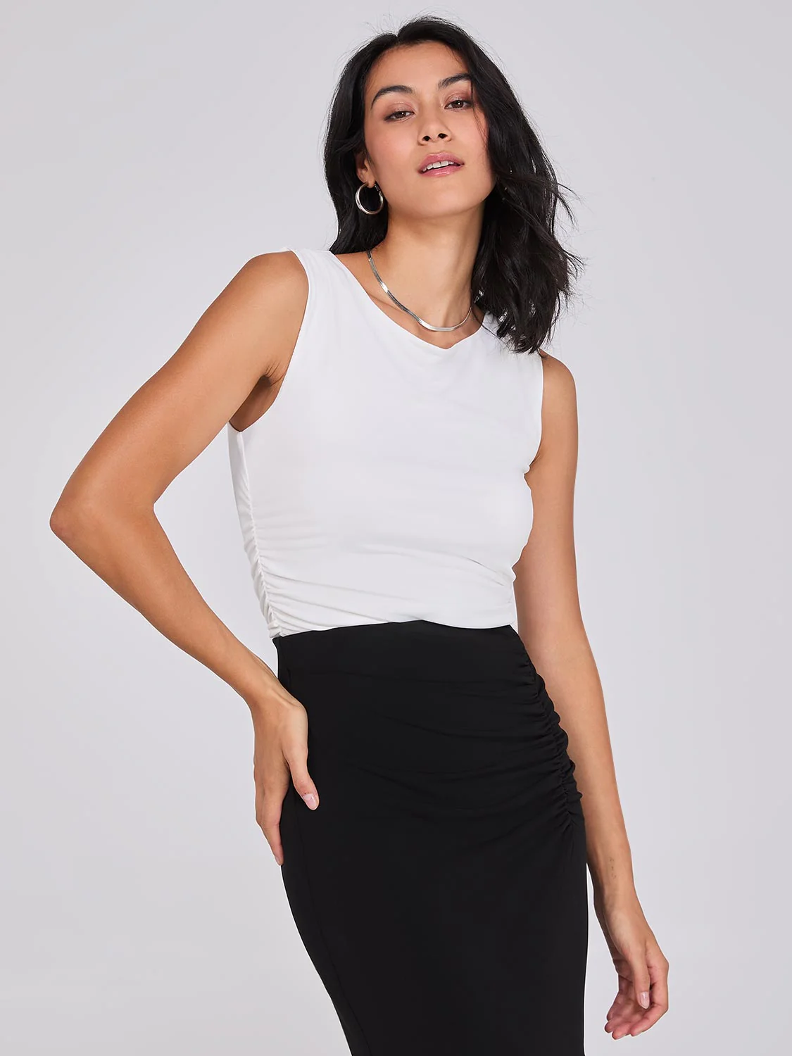 Sleeveless V-Back Top With Ruched Sides