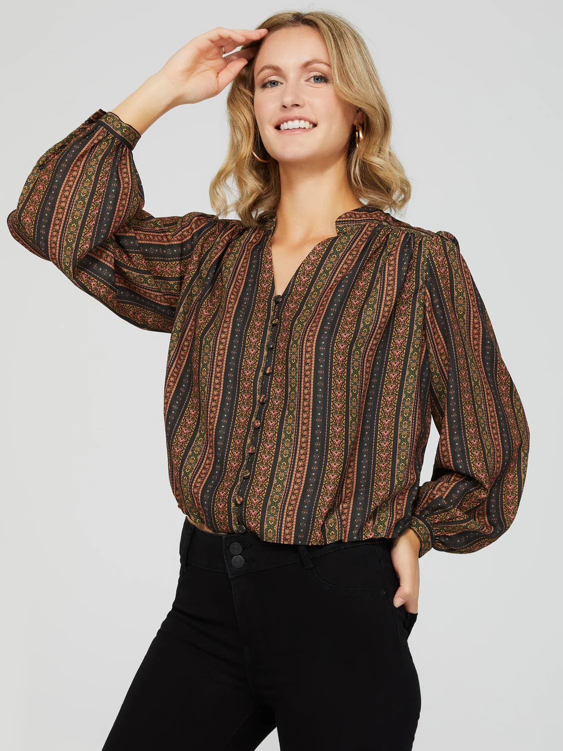 Ribbon Print Button-Front Blouse