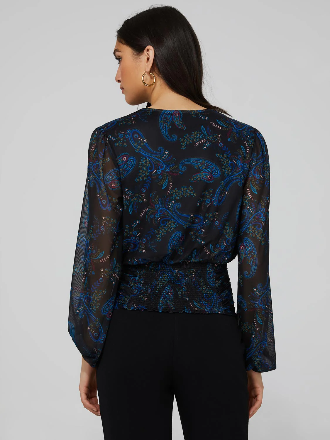 Paisley Print Mesh Top With Pleated Bottom Band