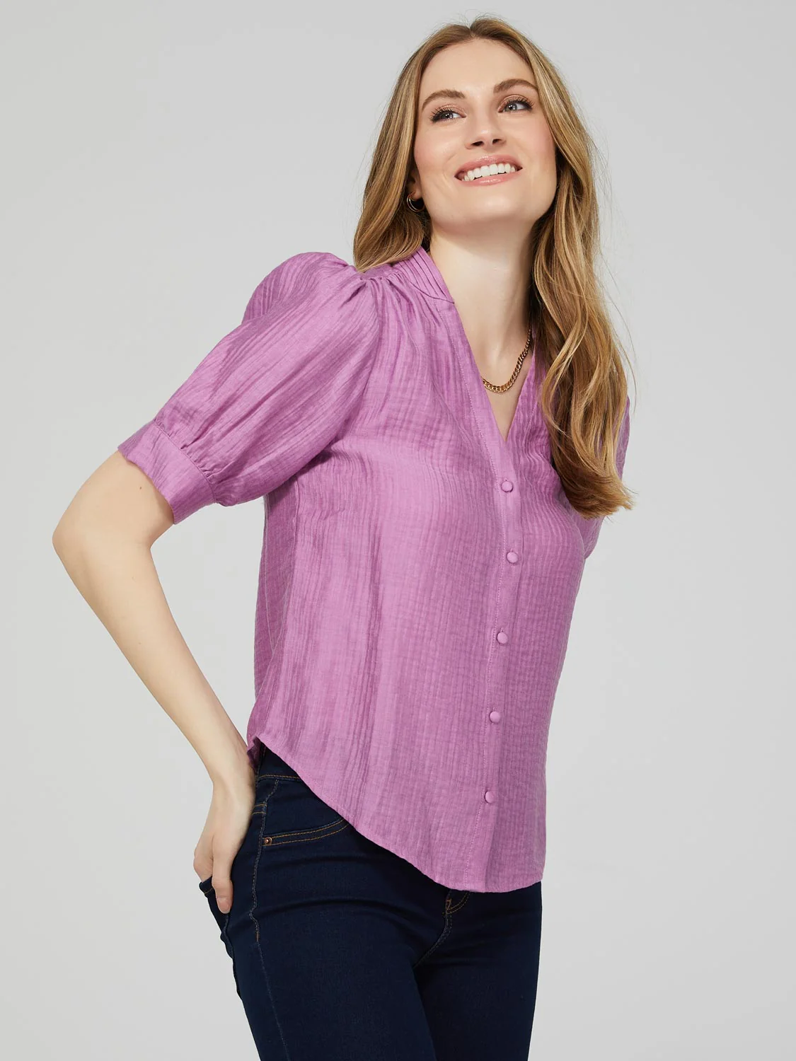 Split V-Neck Blouse With Pintuck Detail