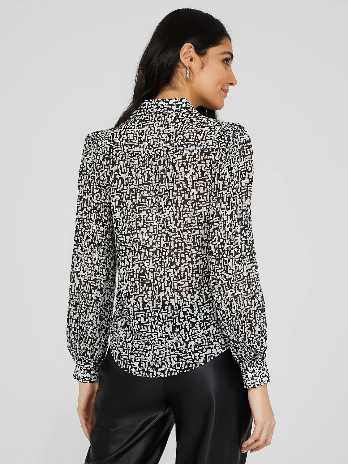 Printed Button-Front Blouse With Pleated Sleeves