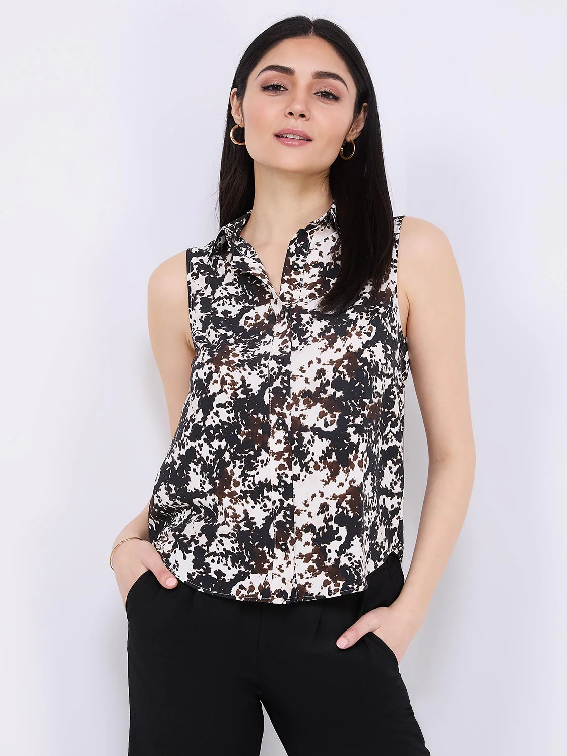 Sleeveless Animal Print Button-Front Blouse