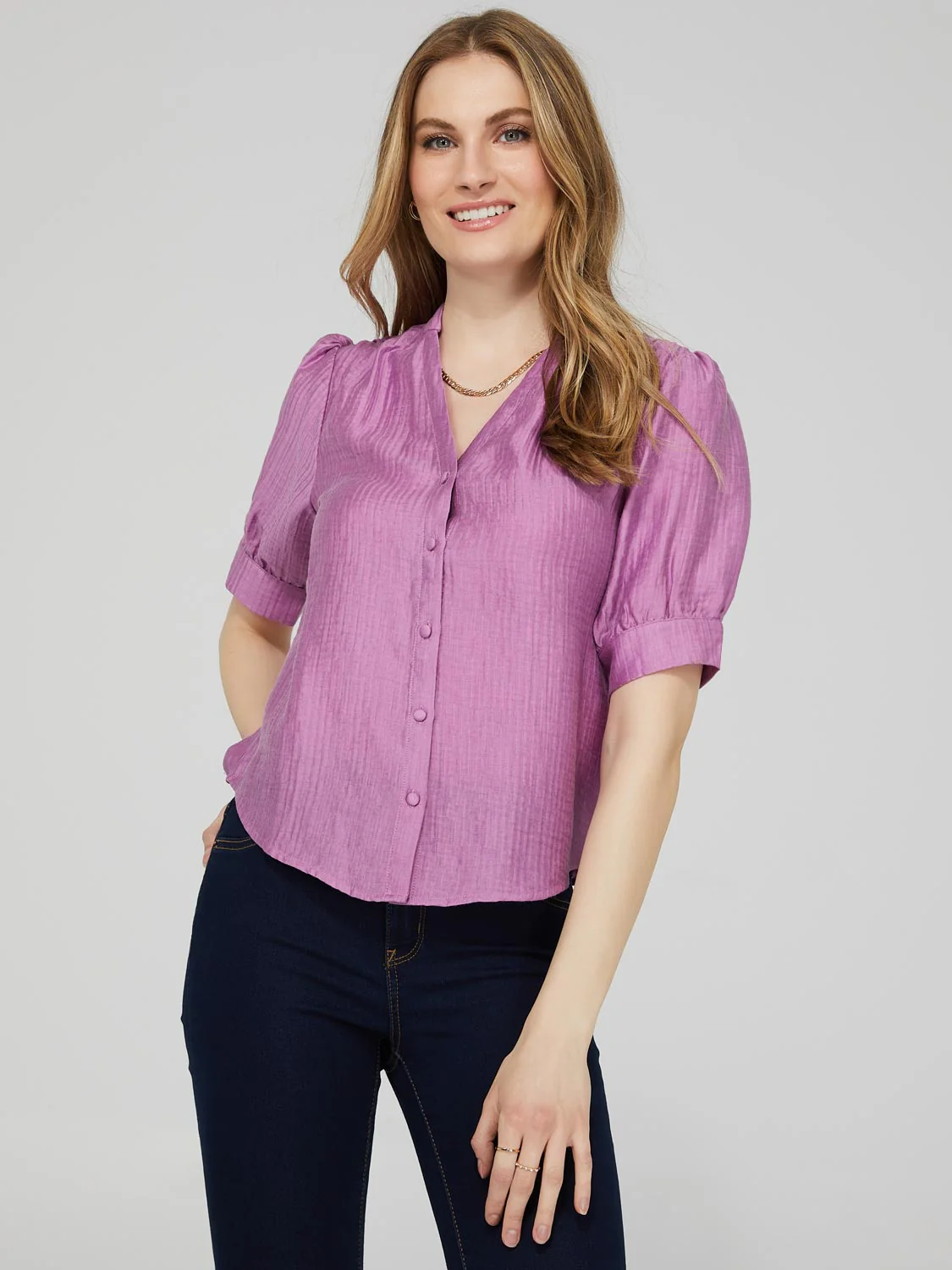 Split V-Neck Blouse With Pintuck Detail