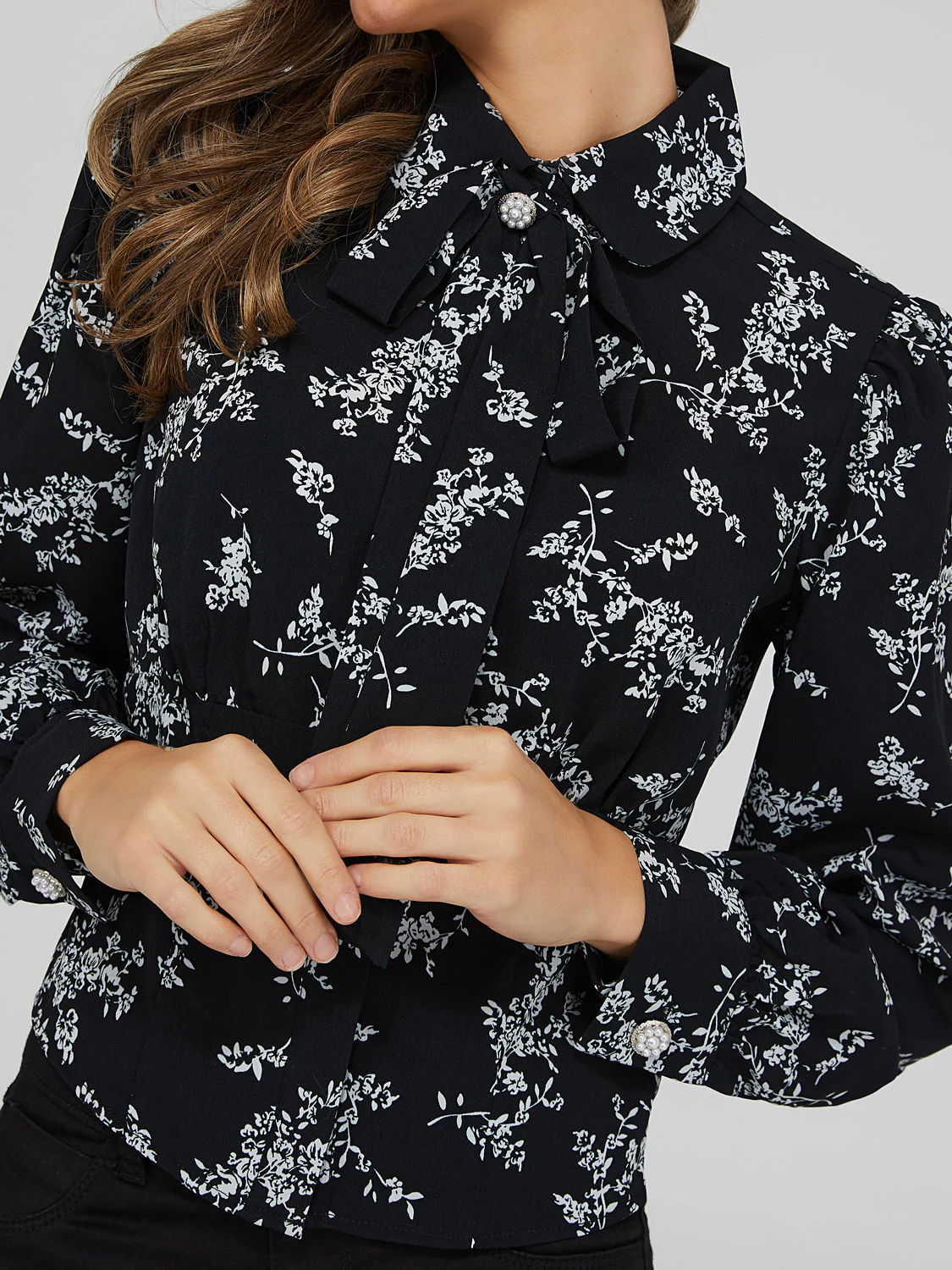 Printed Jewel Button Tie Neck Blouse