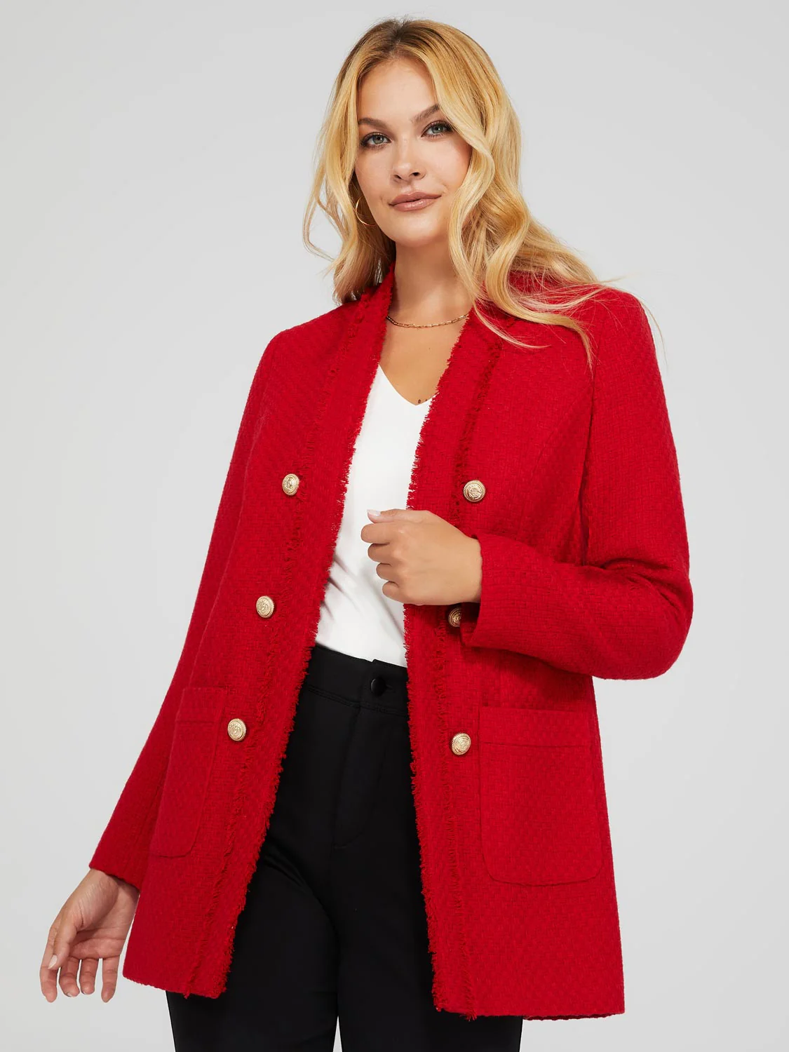 Long Open Boucle Blazer With Fringe Lapels