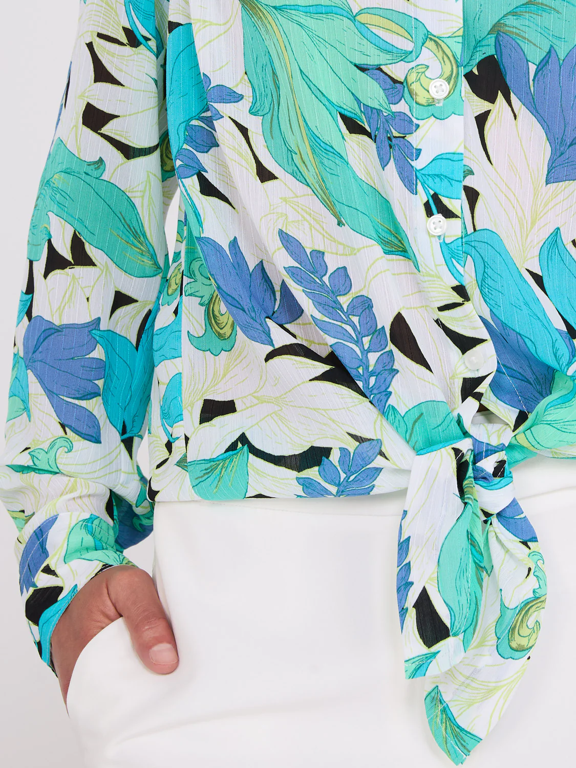 Printed Button-Front Blouse With Tie Front