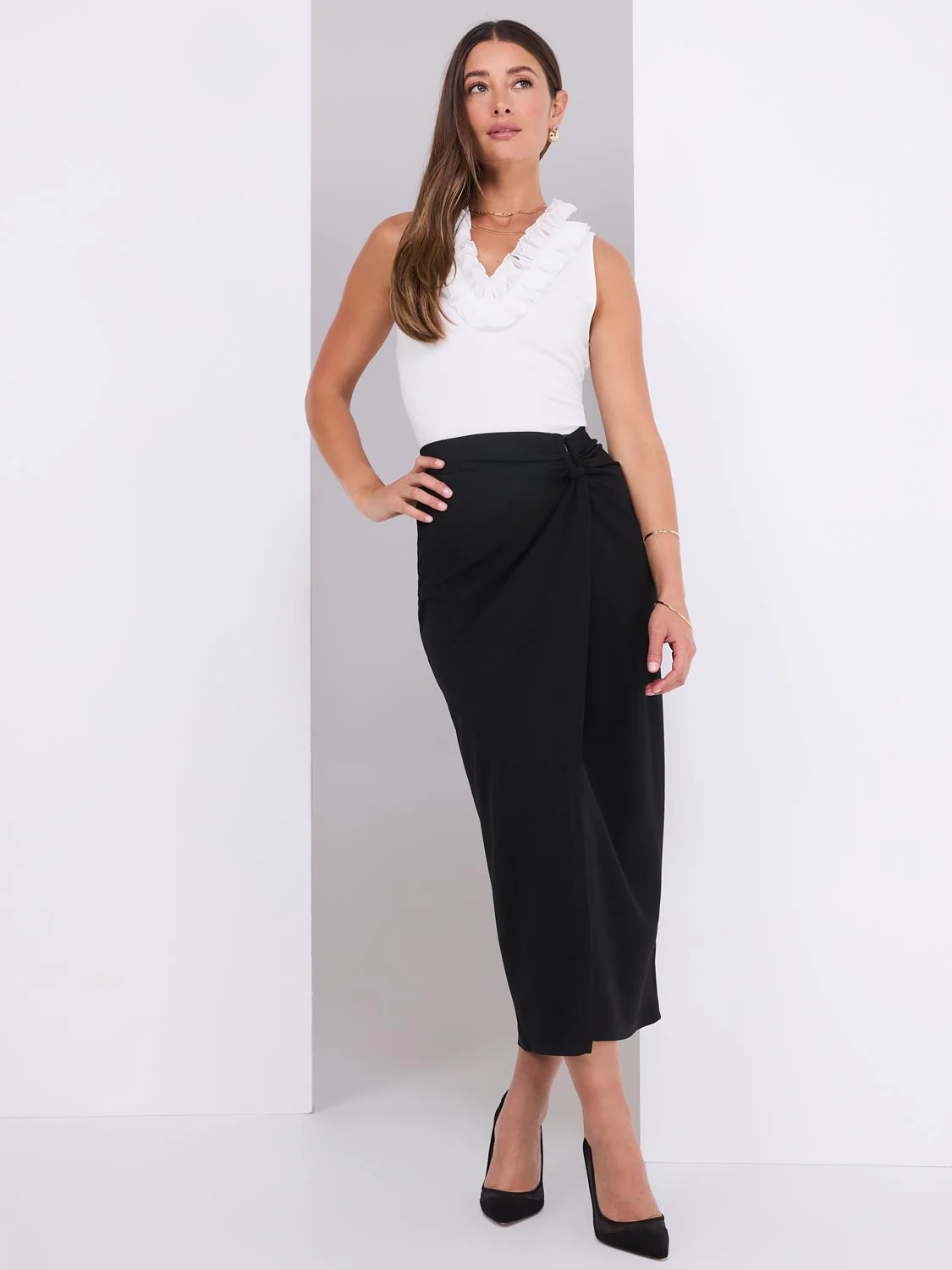 Sleeveless Ruffle V-Neck Scuba Bodysuit