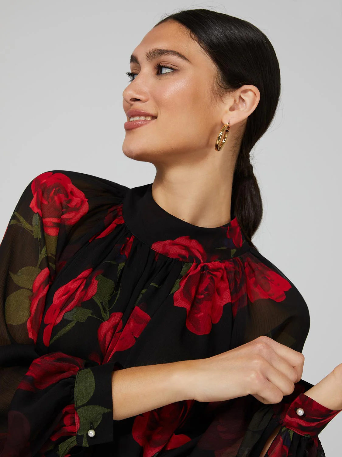 Floral Print Chiffon High Neck Blouse With Voluminous Sleeves