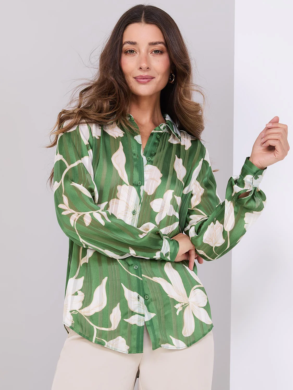 Printed Shadow Stripe Button-Front Blouse