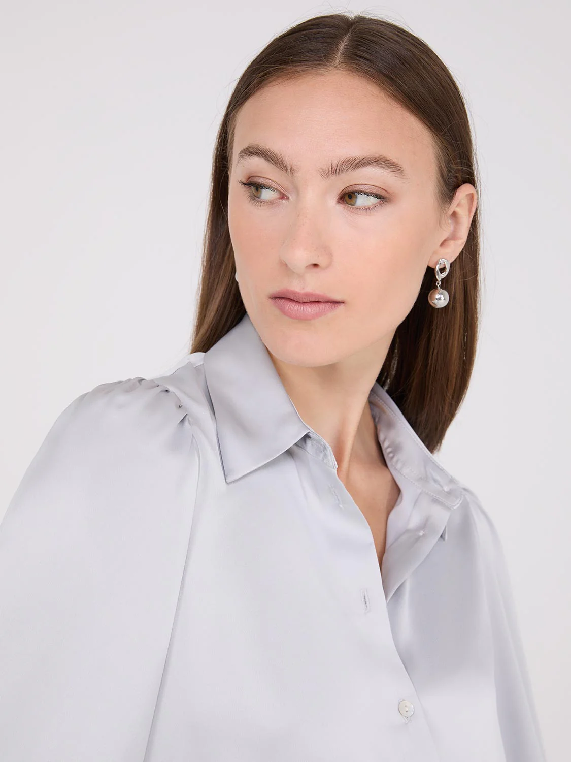 Satin Volume Sleeve Button-Front Blouse