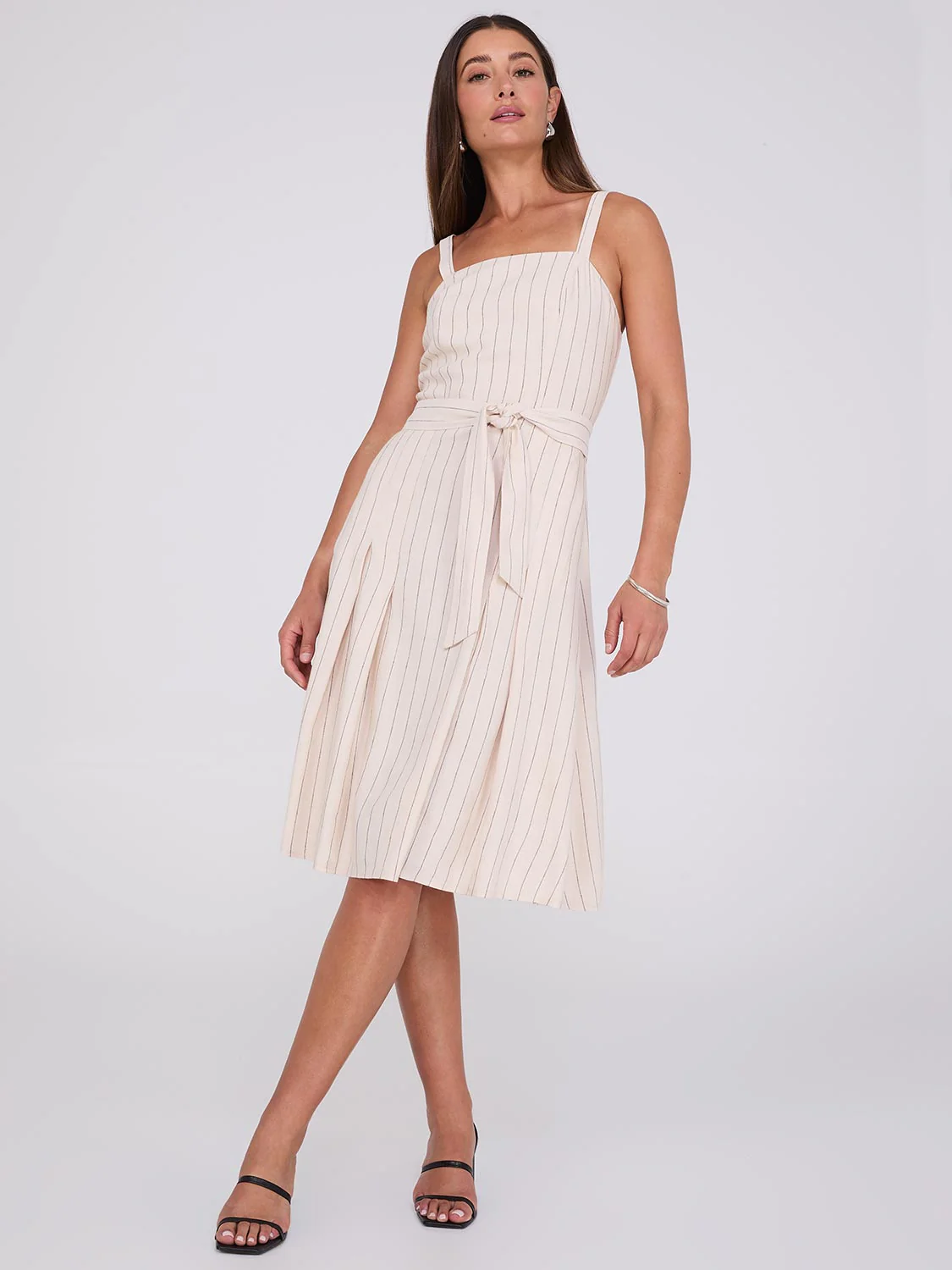 Striped Linen Knee Length Dress With Pockets