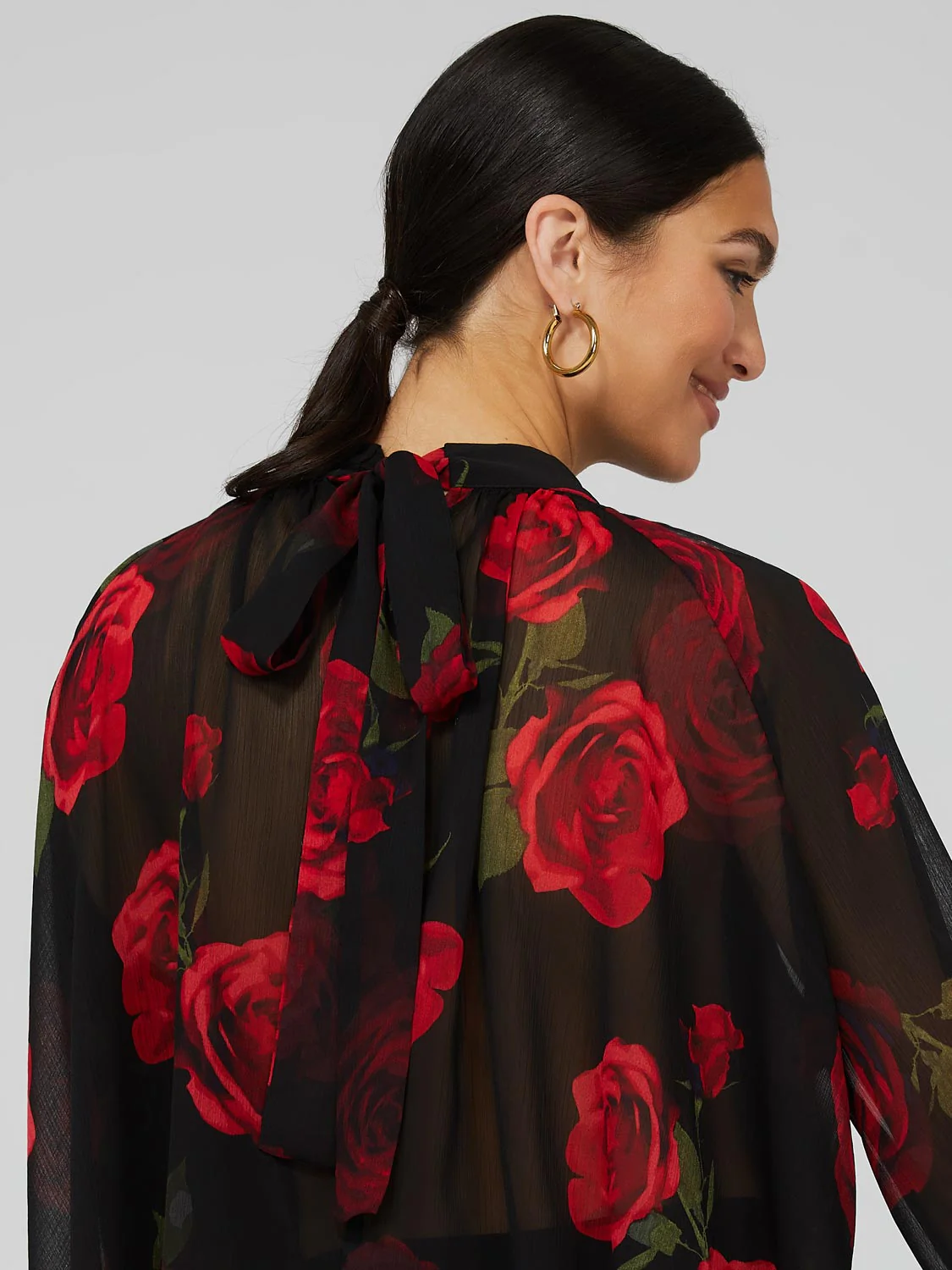 Floral Print Chiffon High Neck Blouse With Voluminous Sleeves