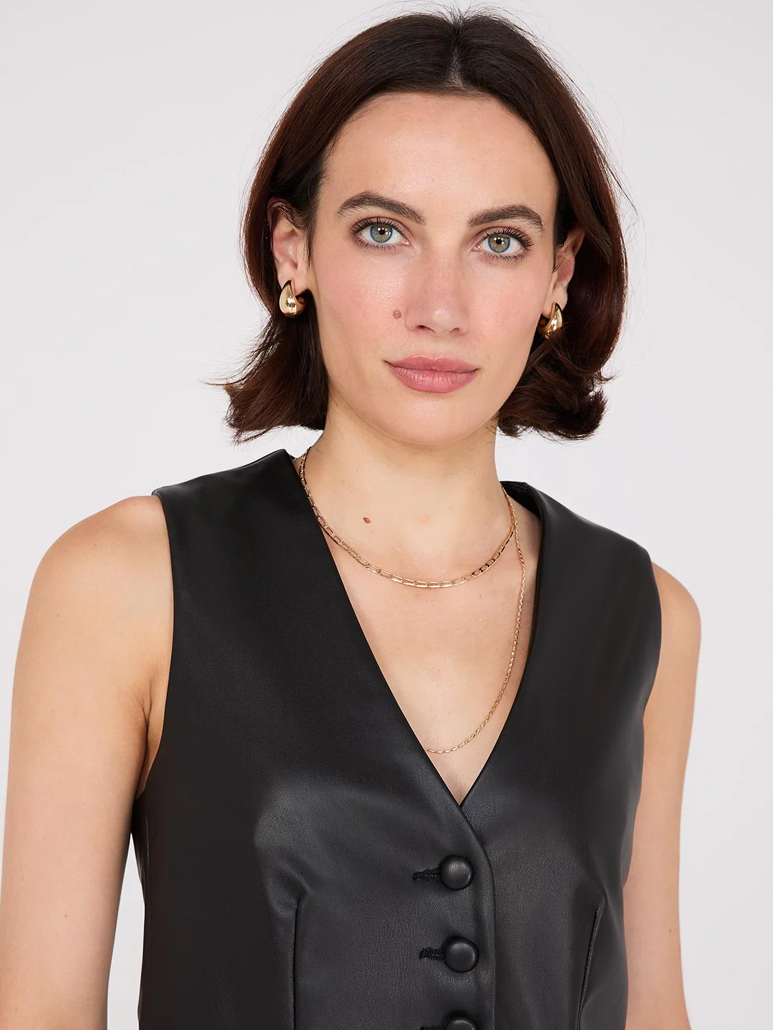 Faux Leather Button-Front Vest