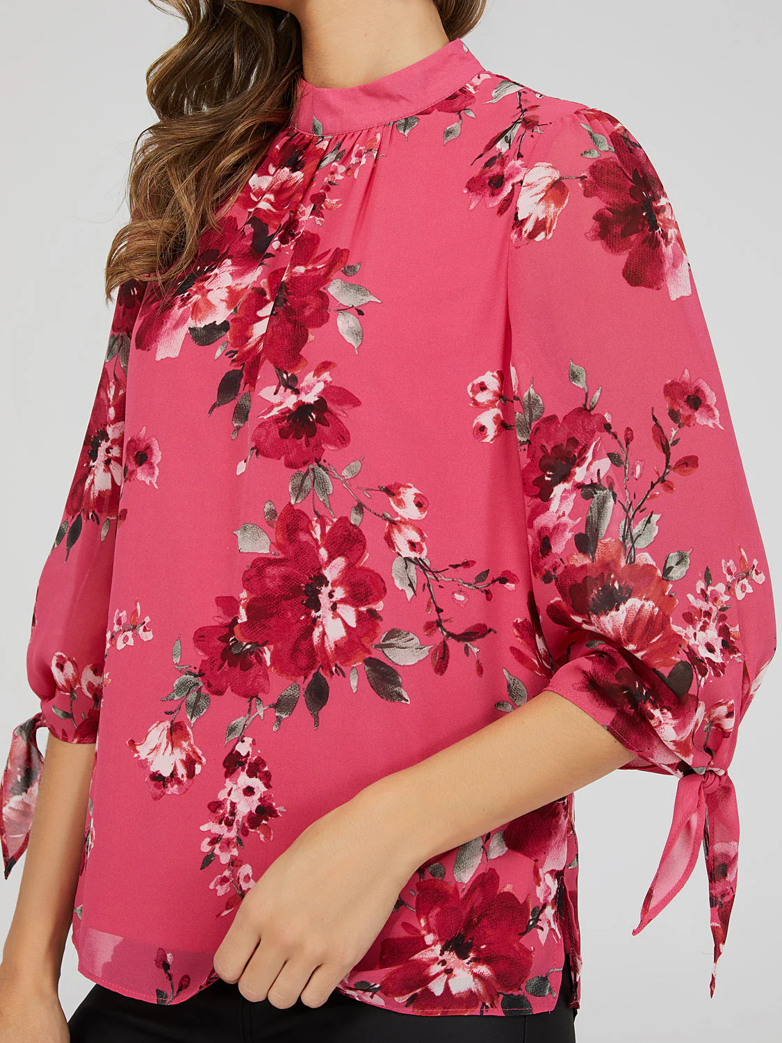 Printed Chiffon Mock Neck Blouse