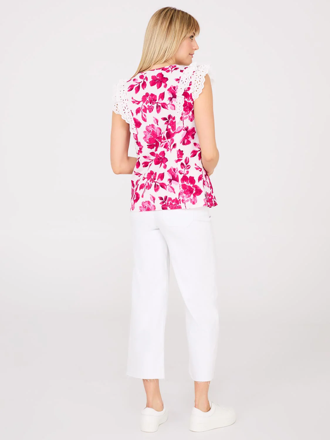 Watercolour Floral Print Top With Eyelet Ruffle Sleeves