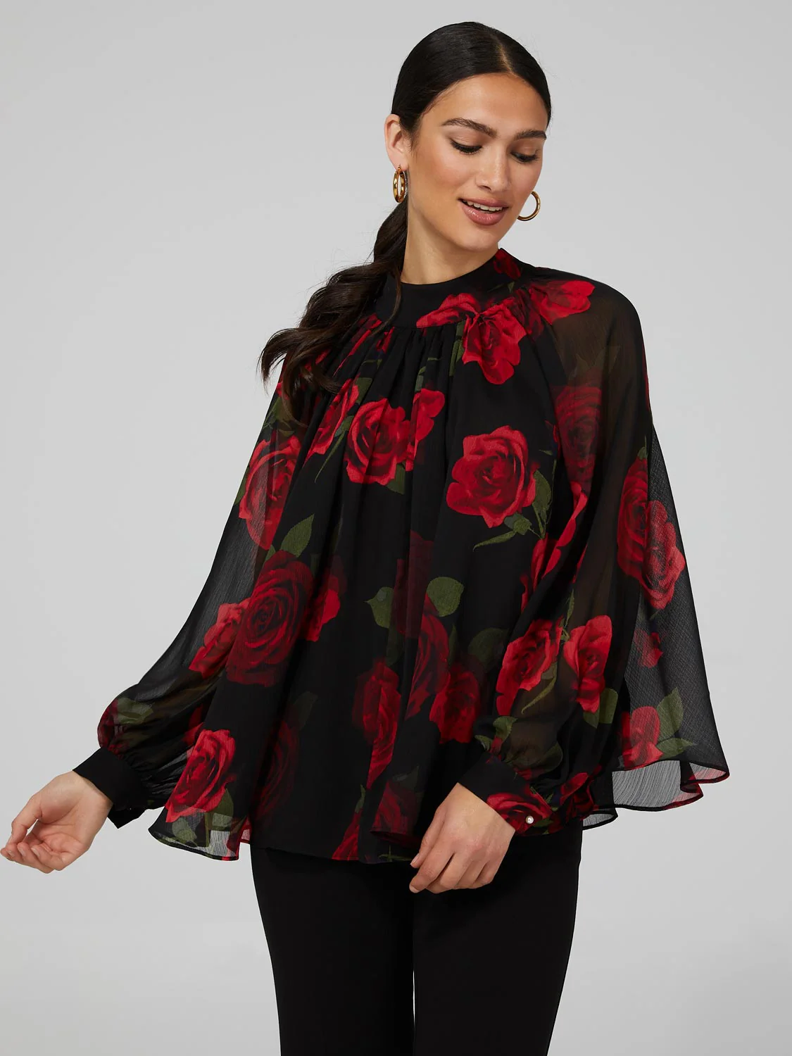 Floral Print Chiffon High Neck Blouse With Voluminous Sleeves