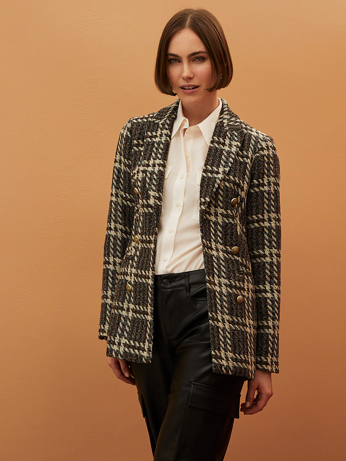 6-Button Plaid Boucle Blazer