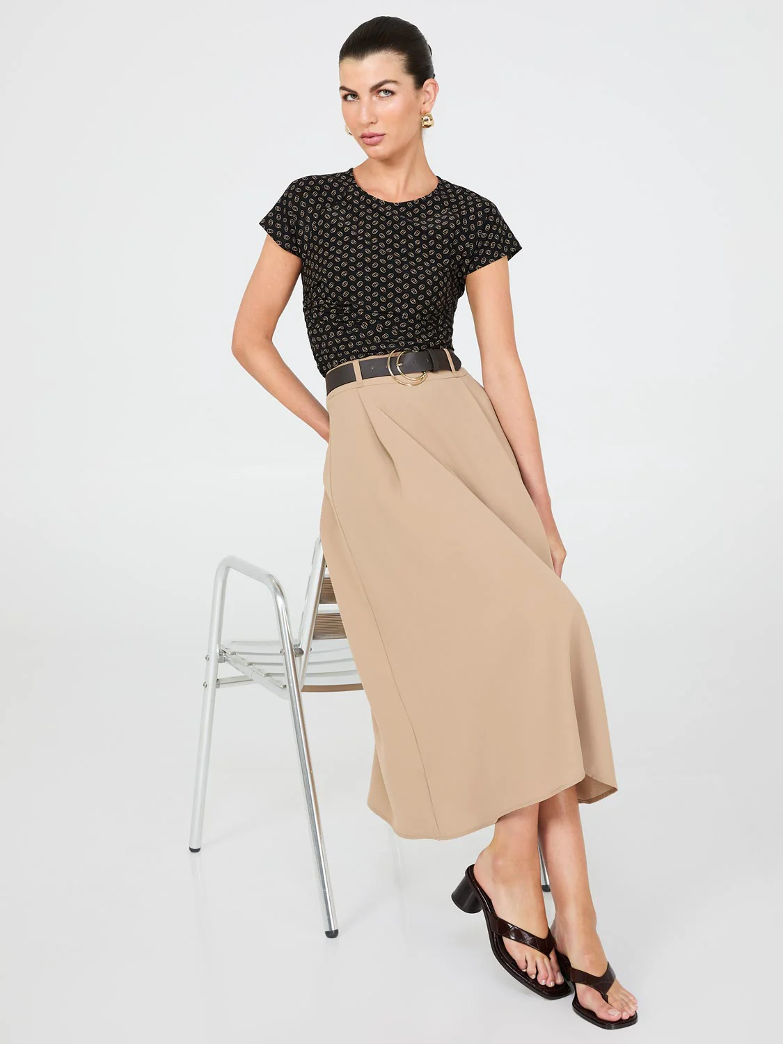 Print Short Raglan Sleeve Top With Side Pleats