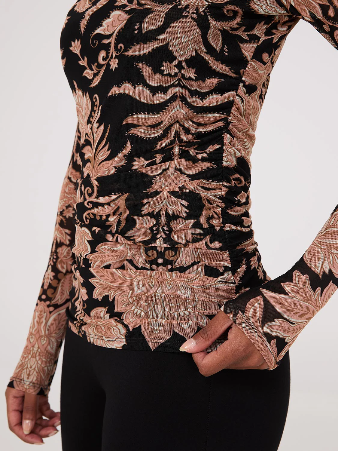 Abstract Print Mock Neck Mesh Top