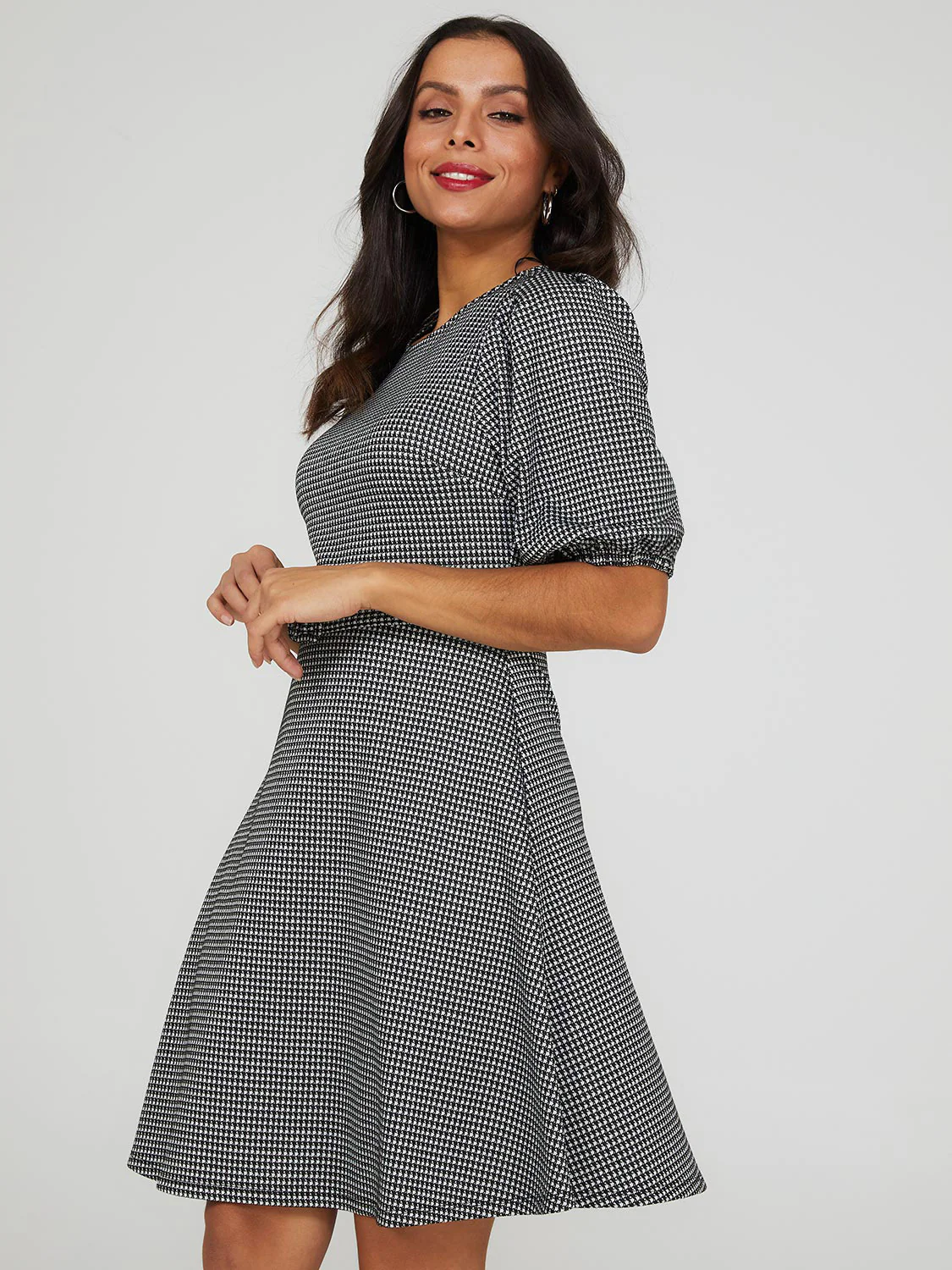 Printed Metallic Fit & Flare Belted Dress