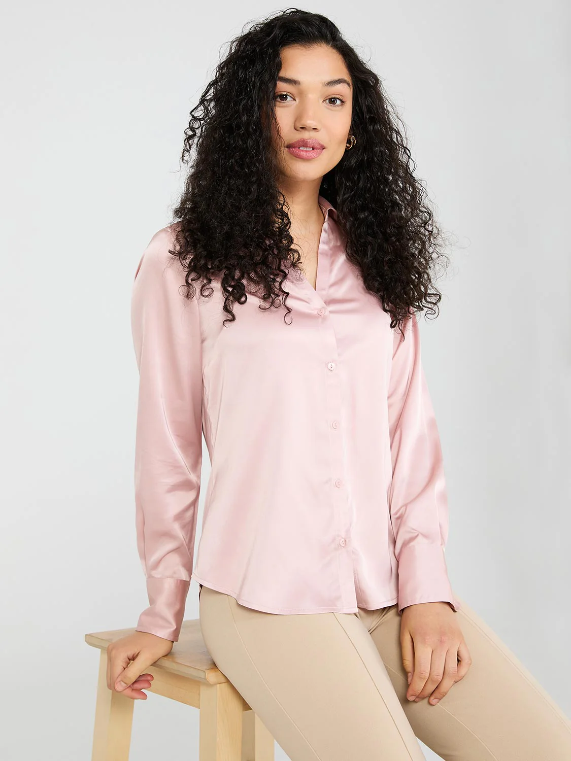 Satin Button-Front Blouse