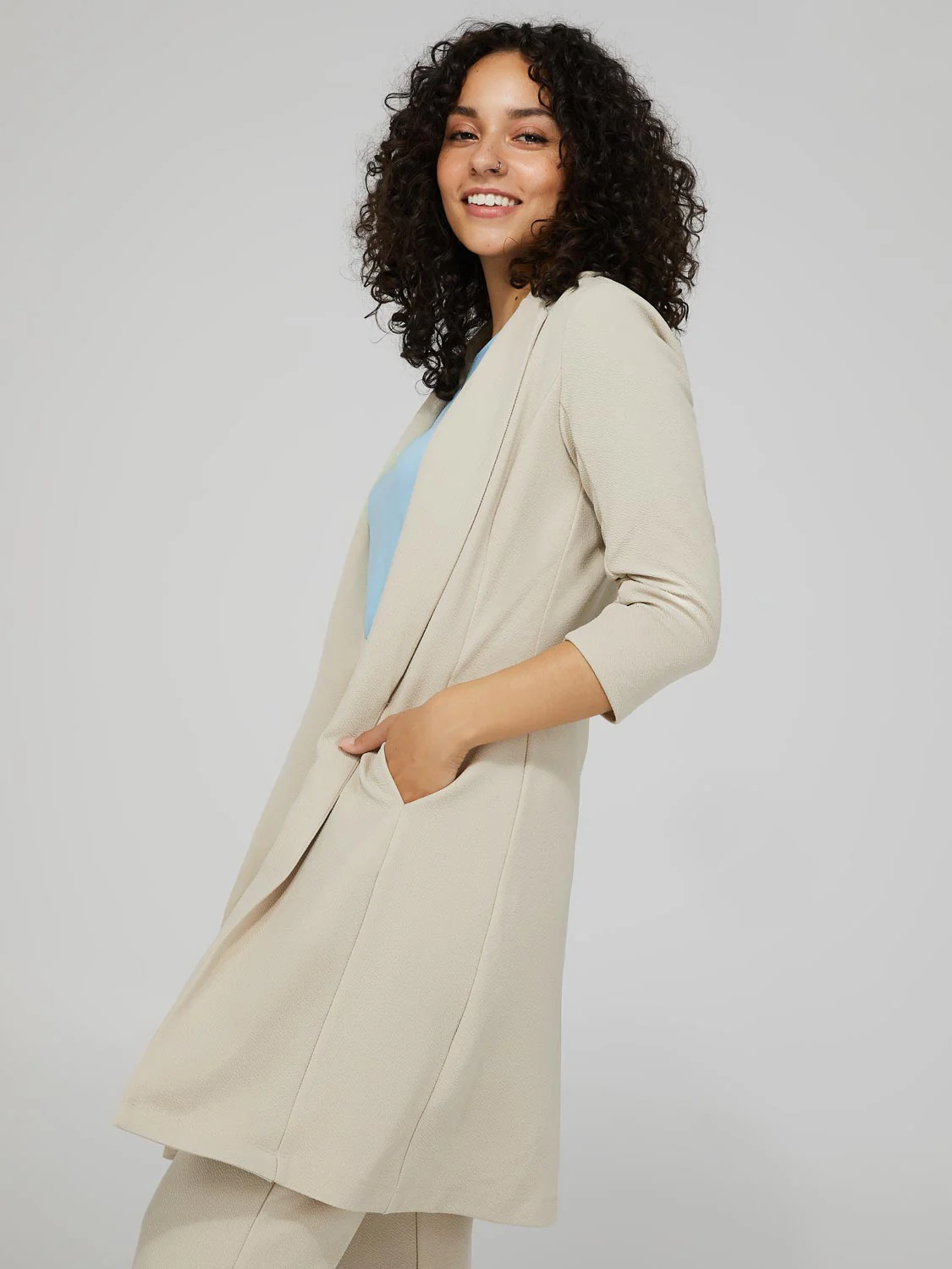 Long Blazer With 3/4 Ruched Sleeves