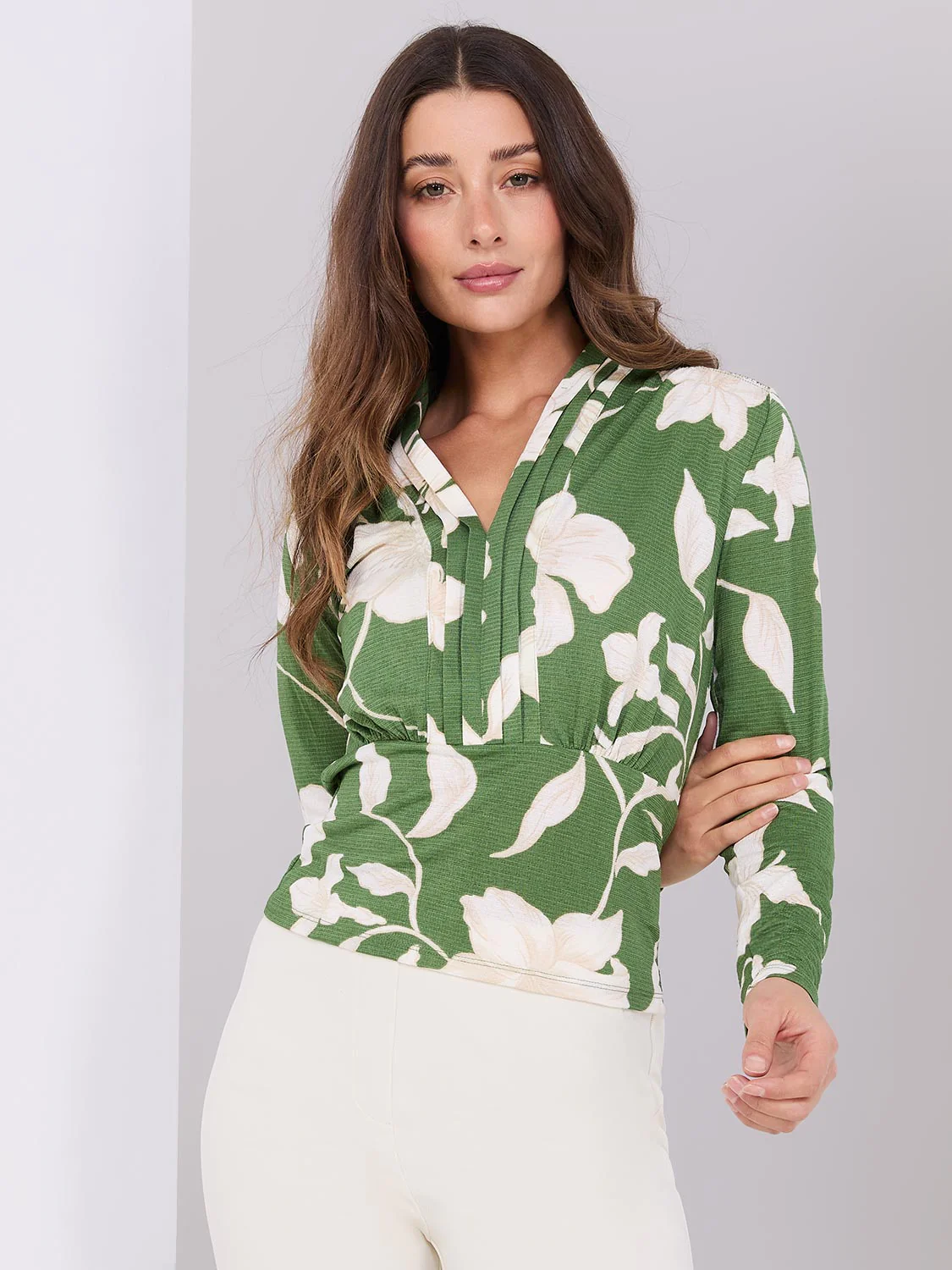 Textured Floral Print Pleated V-Neck Top