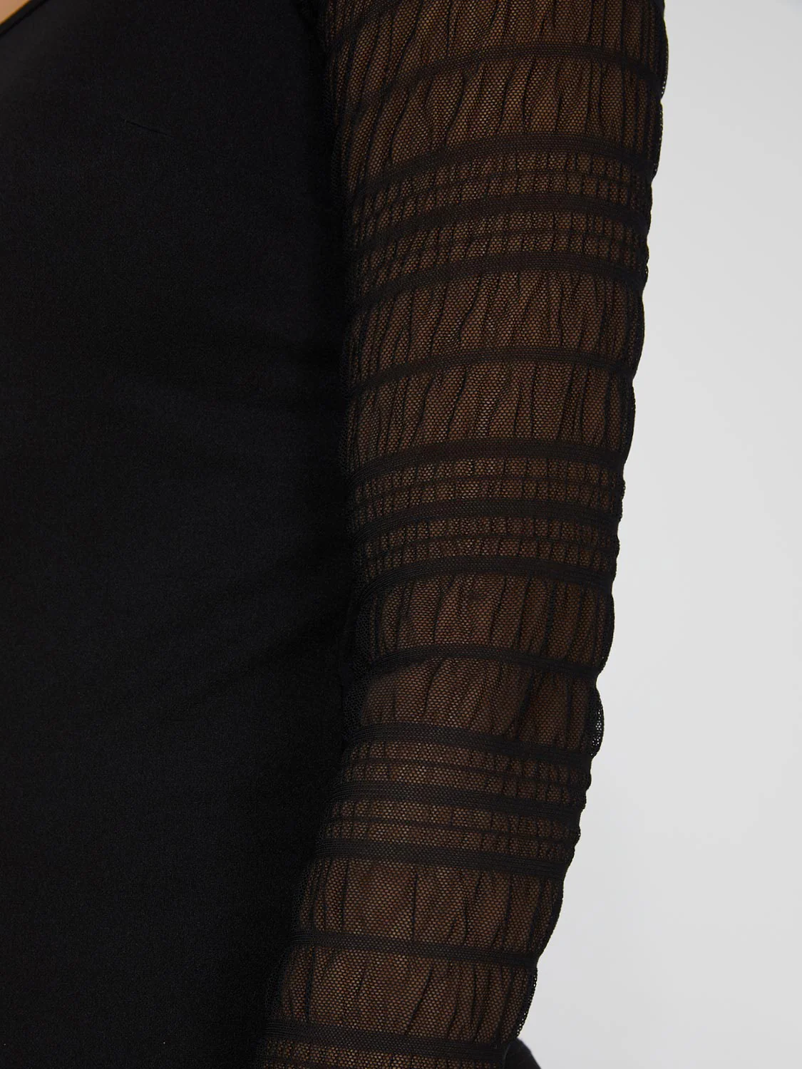 Textured Crepe Scoop Neck Top With Smocked Mesh Sleeves