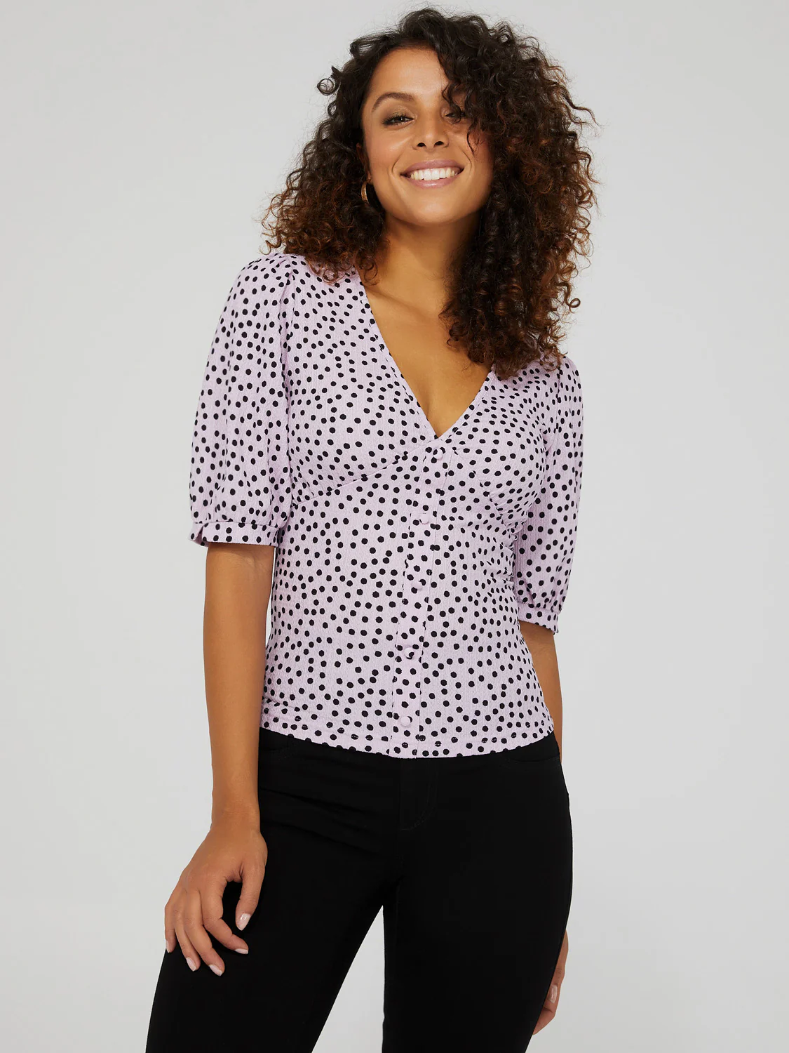 Printed V-Neck Button-Front Top With Puff Sleeves