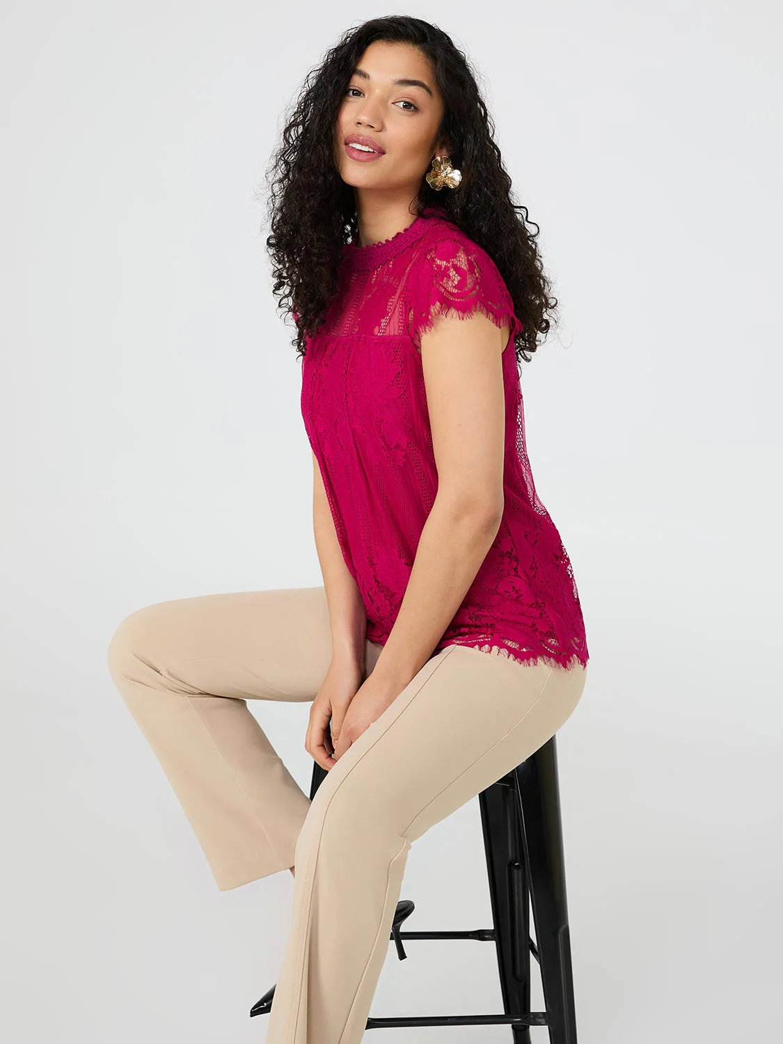 Lace Cap Sleeve Top With Crochet Detail