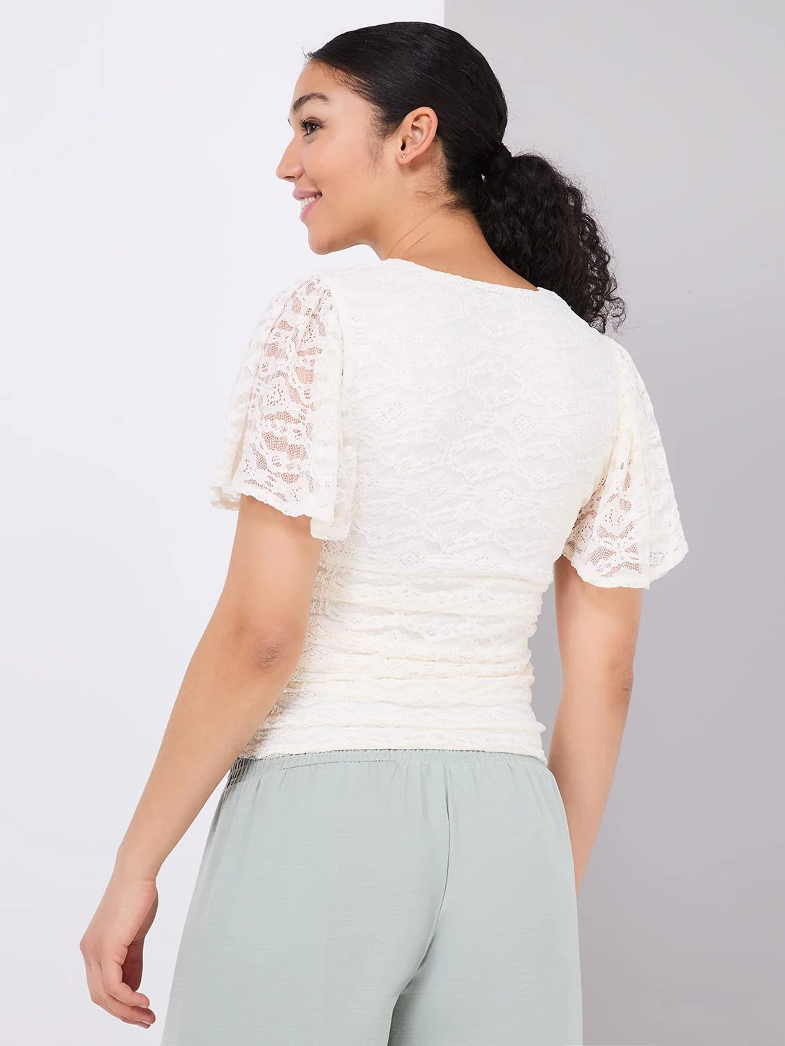 Lace Cross-Front Top With Flutter Sleeves