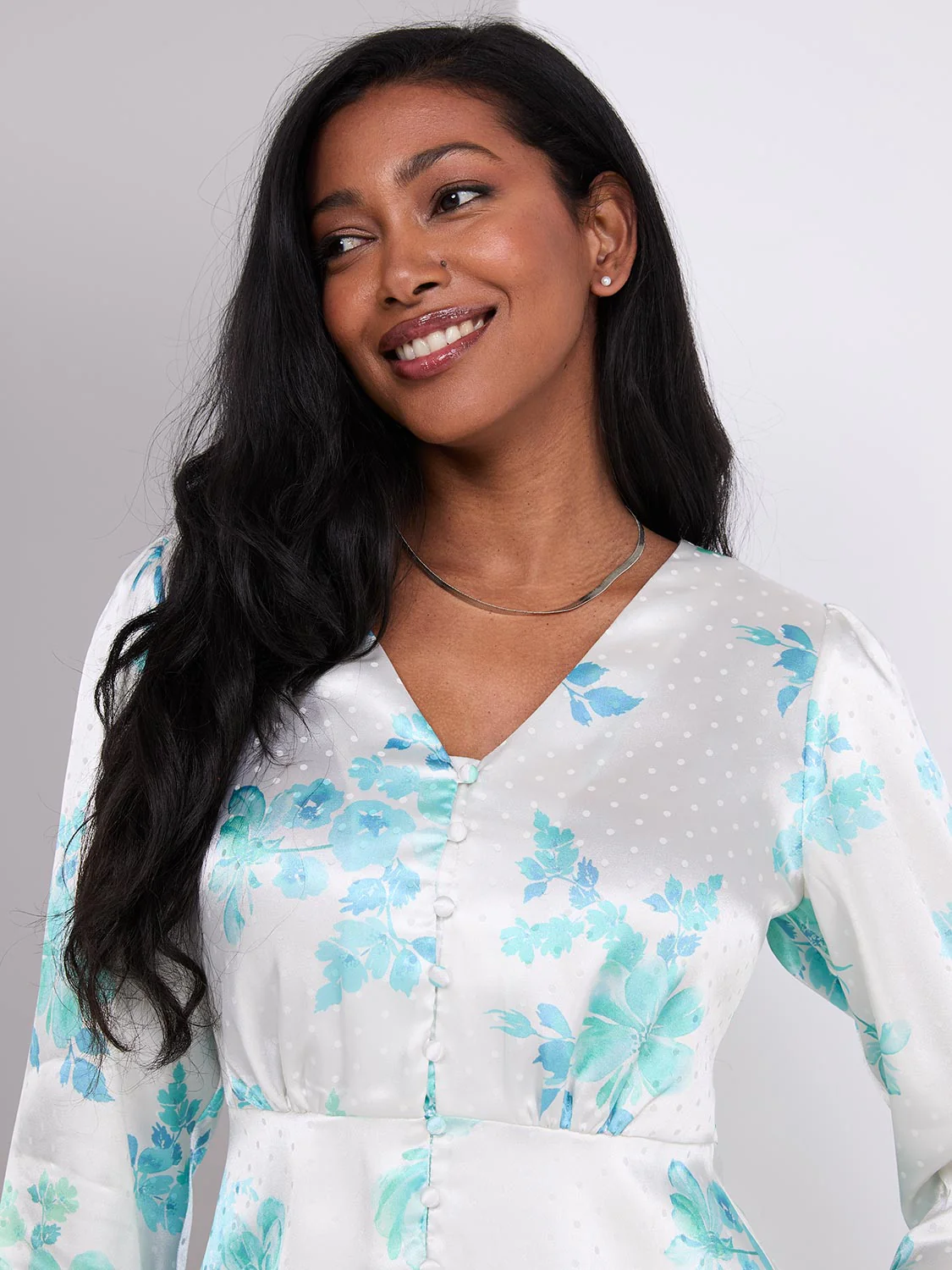 Floral Print Satin Button-Front Peplum Blouse