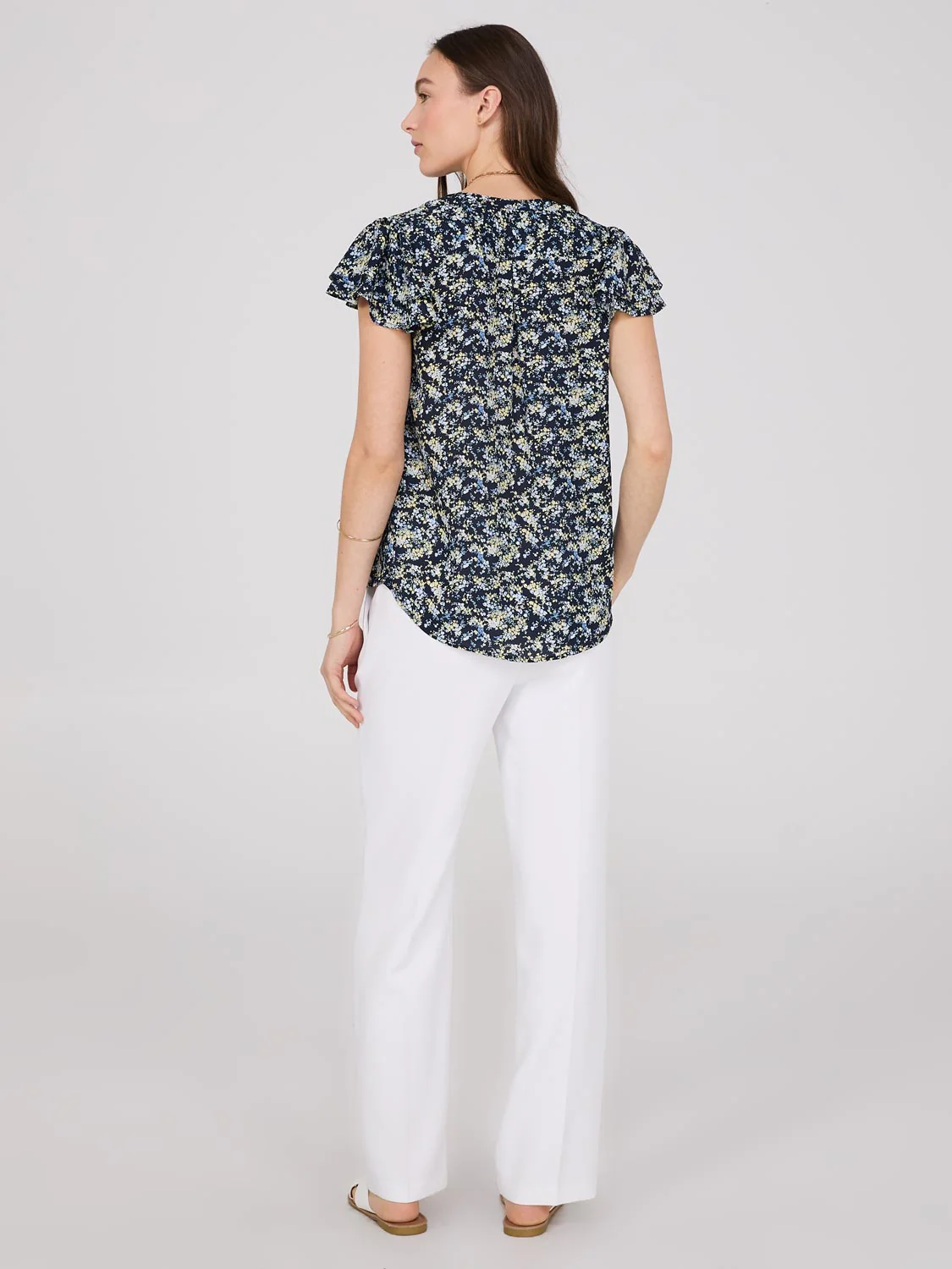 Floral Print Flutter Sleeve Button-Front Blouse