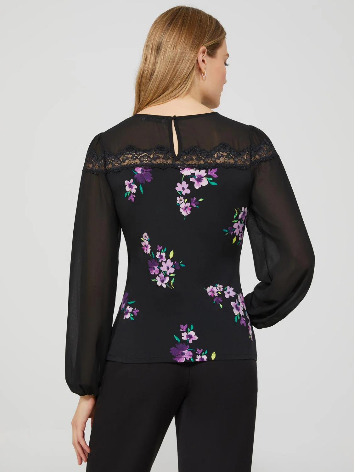 Long Balloon Sleeve Ditsy Floral Crew Neck Top