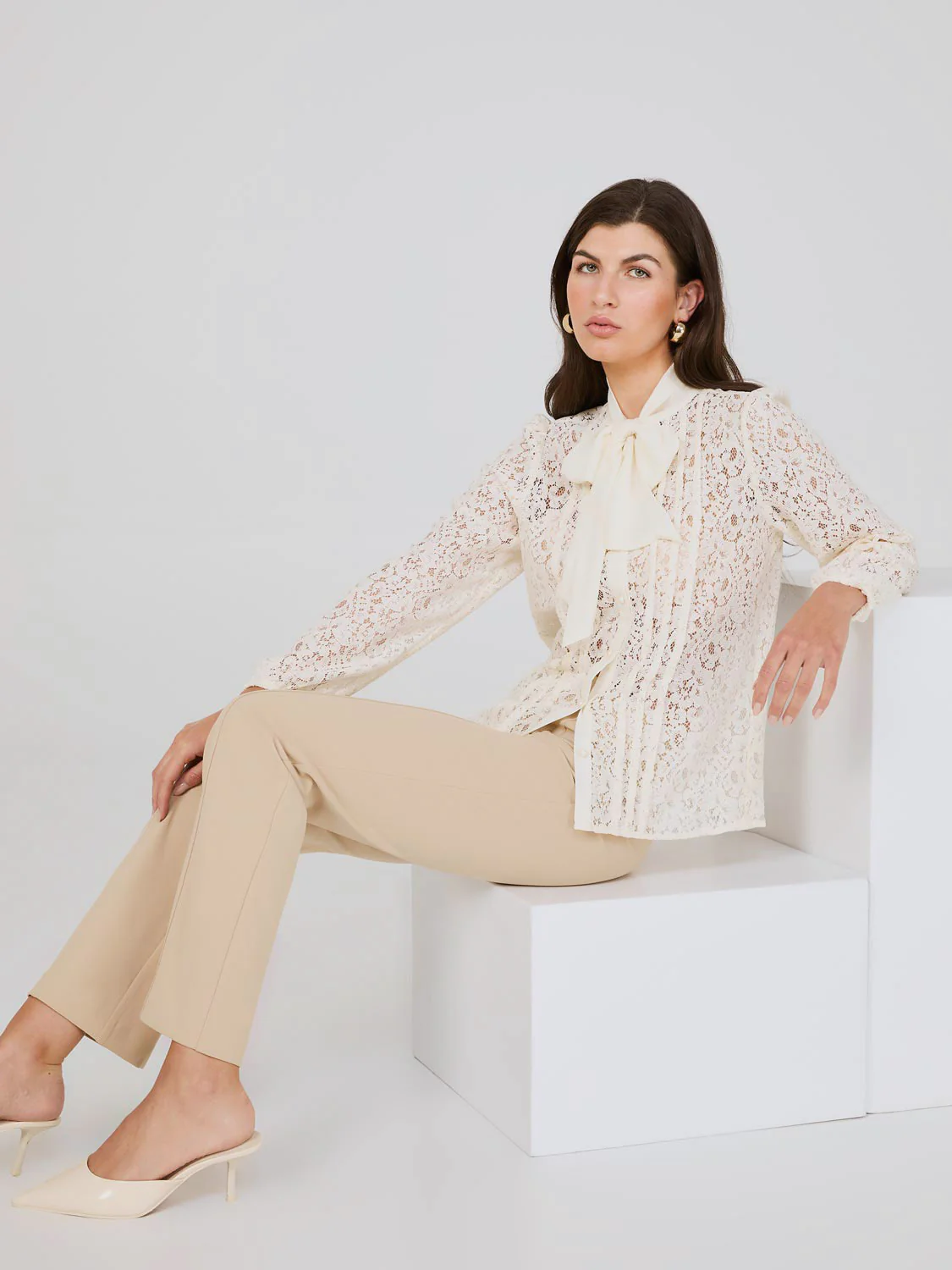 Lace Button-Front Bow Blouse