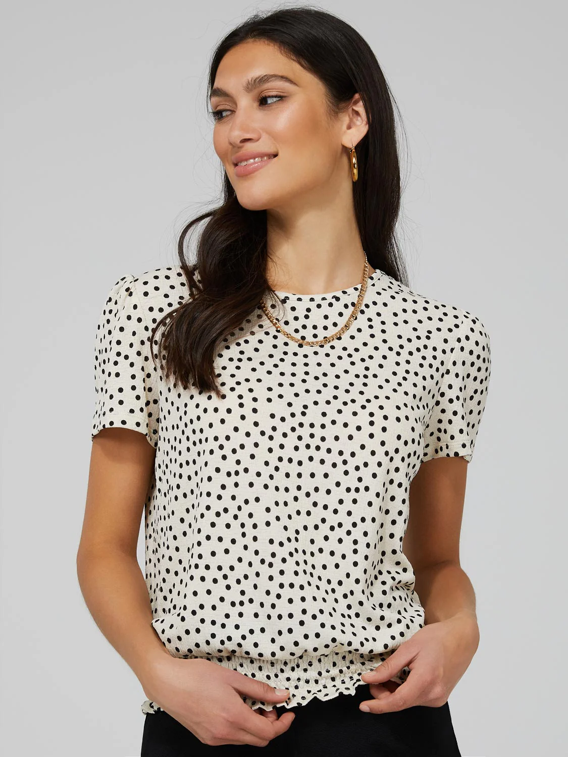 Polka Dot Textured T-Shirt With Smocked Bottom Band