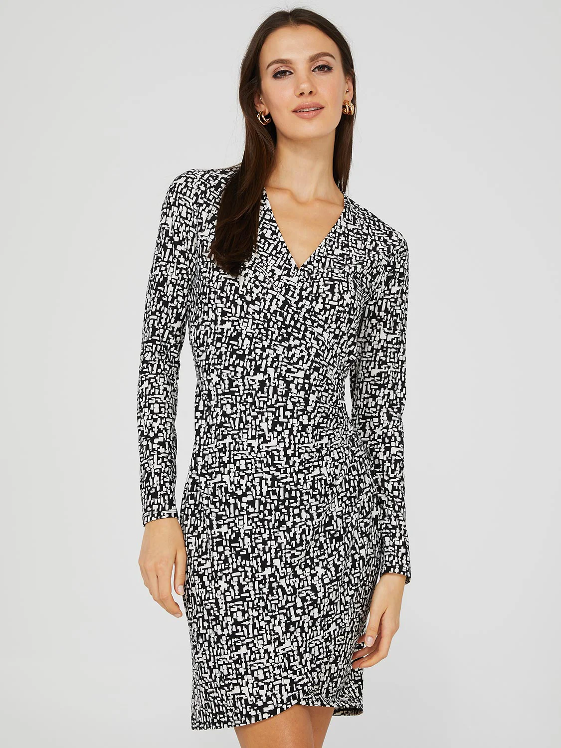 Printed Cross Front Sheath Dress With Gather Detail