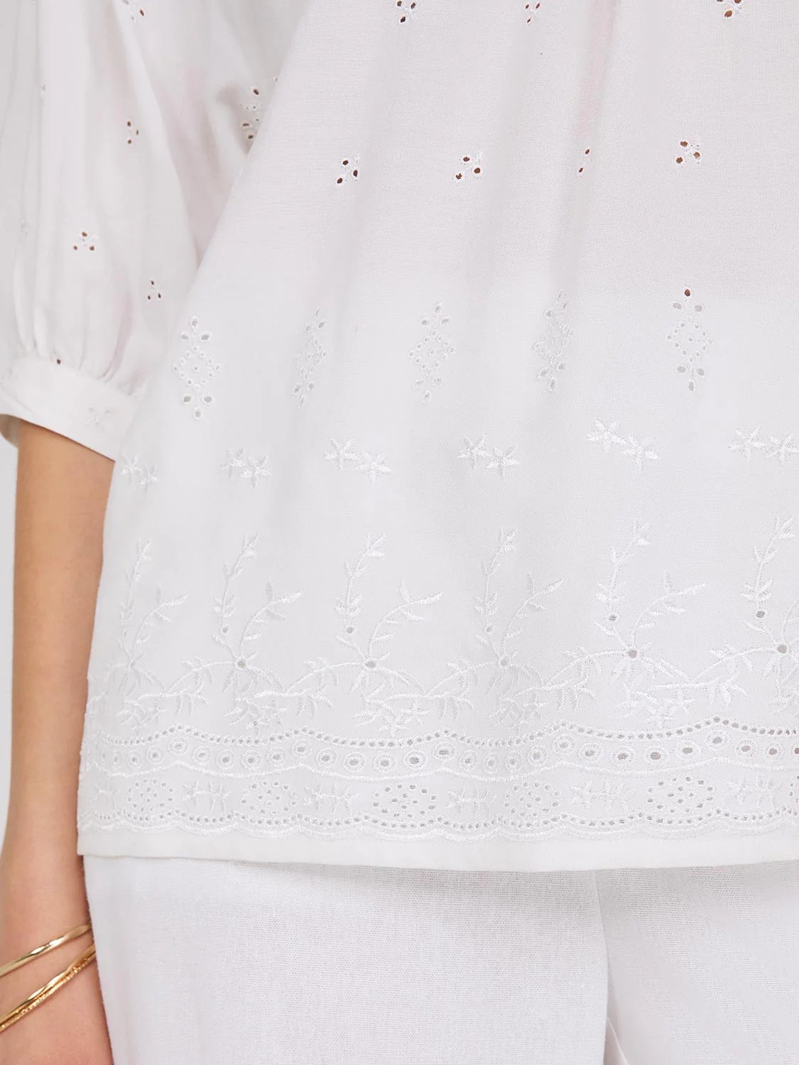 Off-The-Shoulder Puff Sleeve Eyelet Popover Top