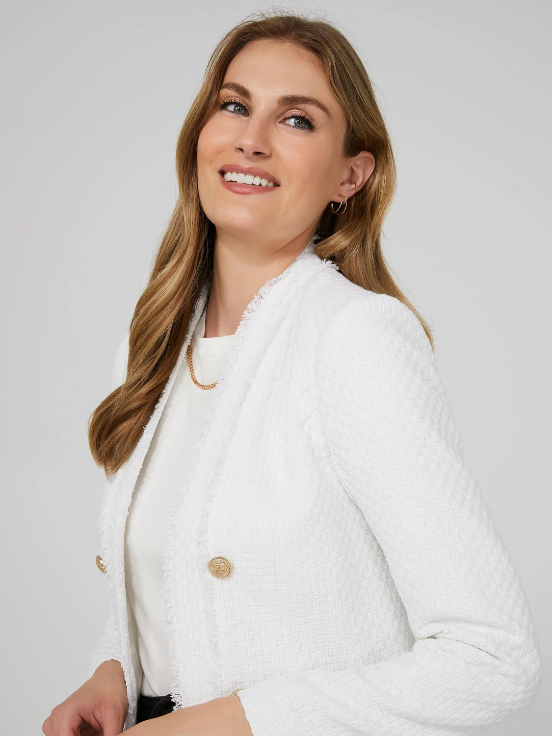 Long Open Boucle Blazer With Fringe Lapels