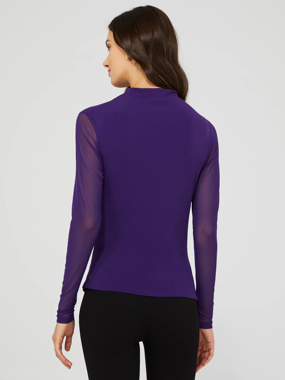 Mock Neck Ruched Jersey Top With Mesh Long Sleeves