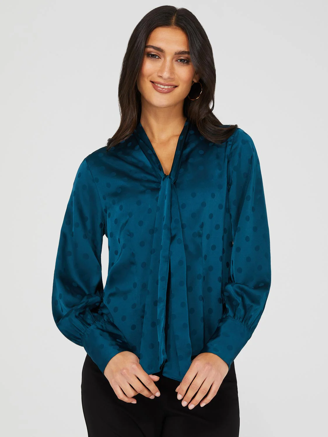 Polka Dot Button-Front Bow Blouse